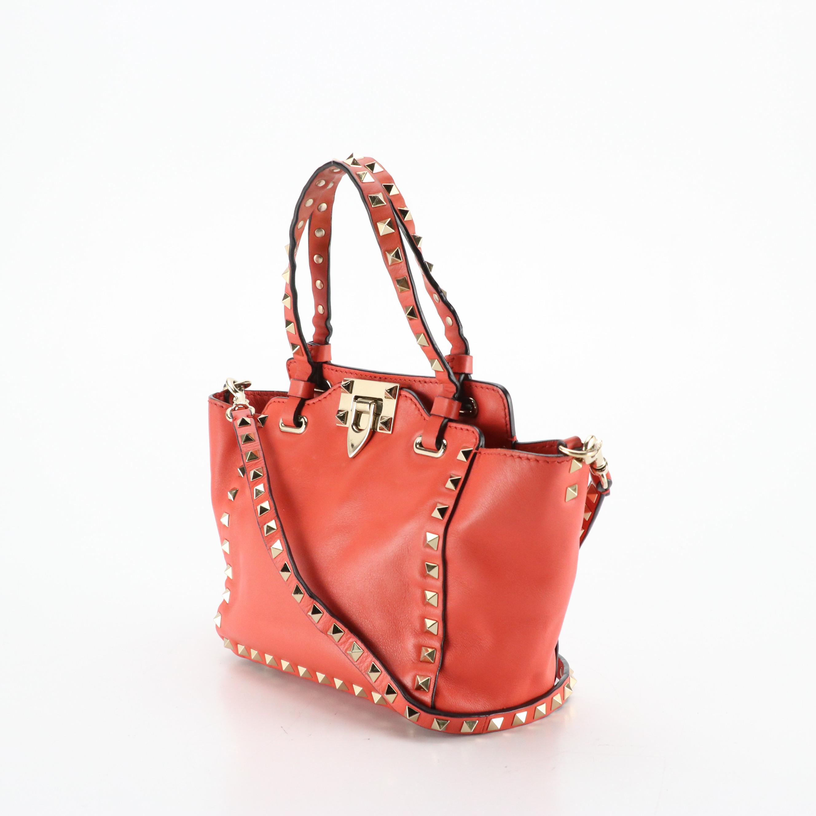 Valentino Garavani Mini Rockstud Two-Way Tote in Coral Calfskin Leather
