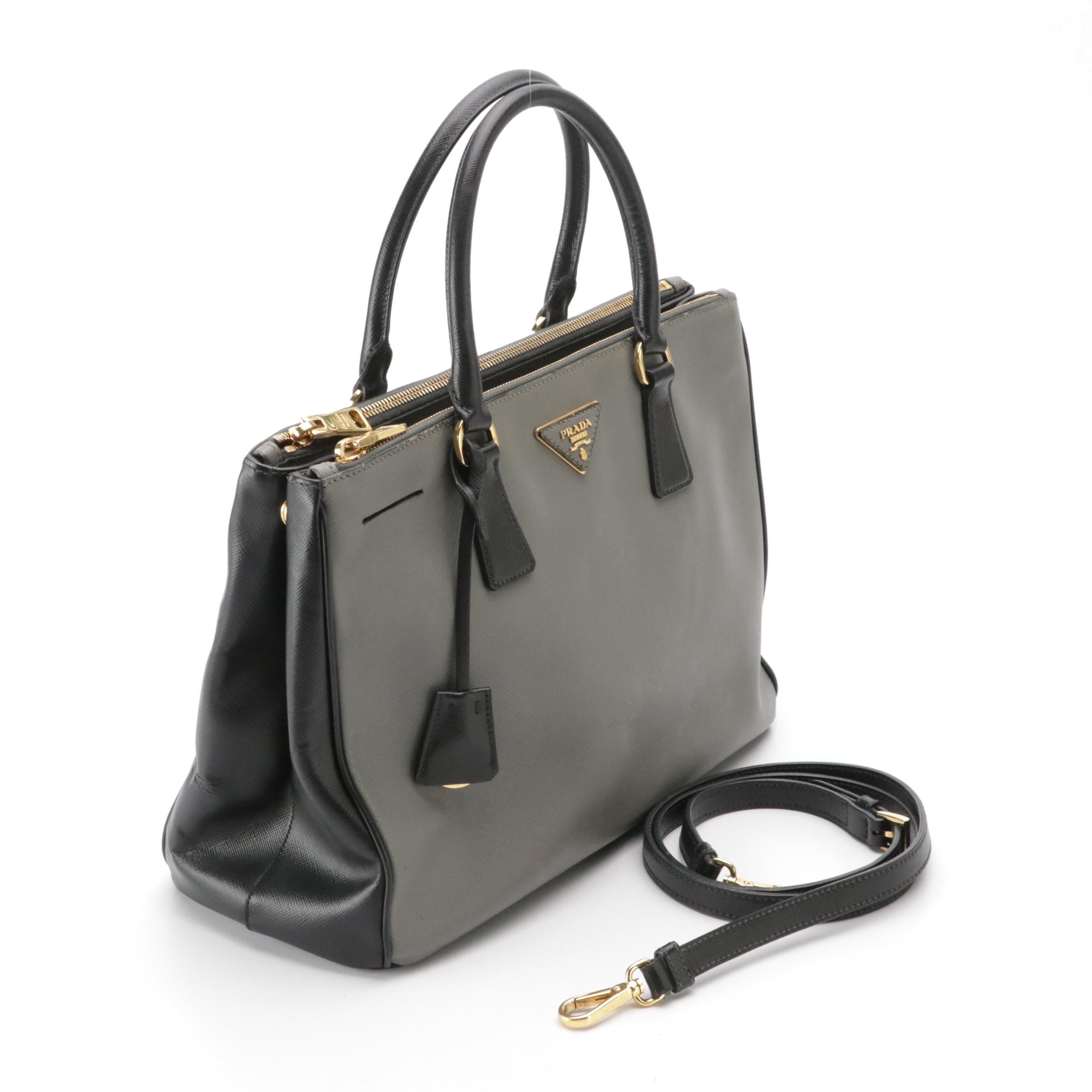 Prada Double Zip Galleria Tote Bag in Gray and Black Saffiano Lux Leather