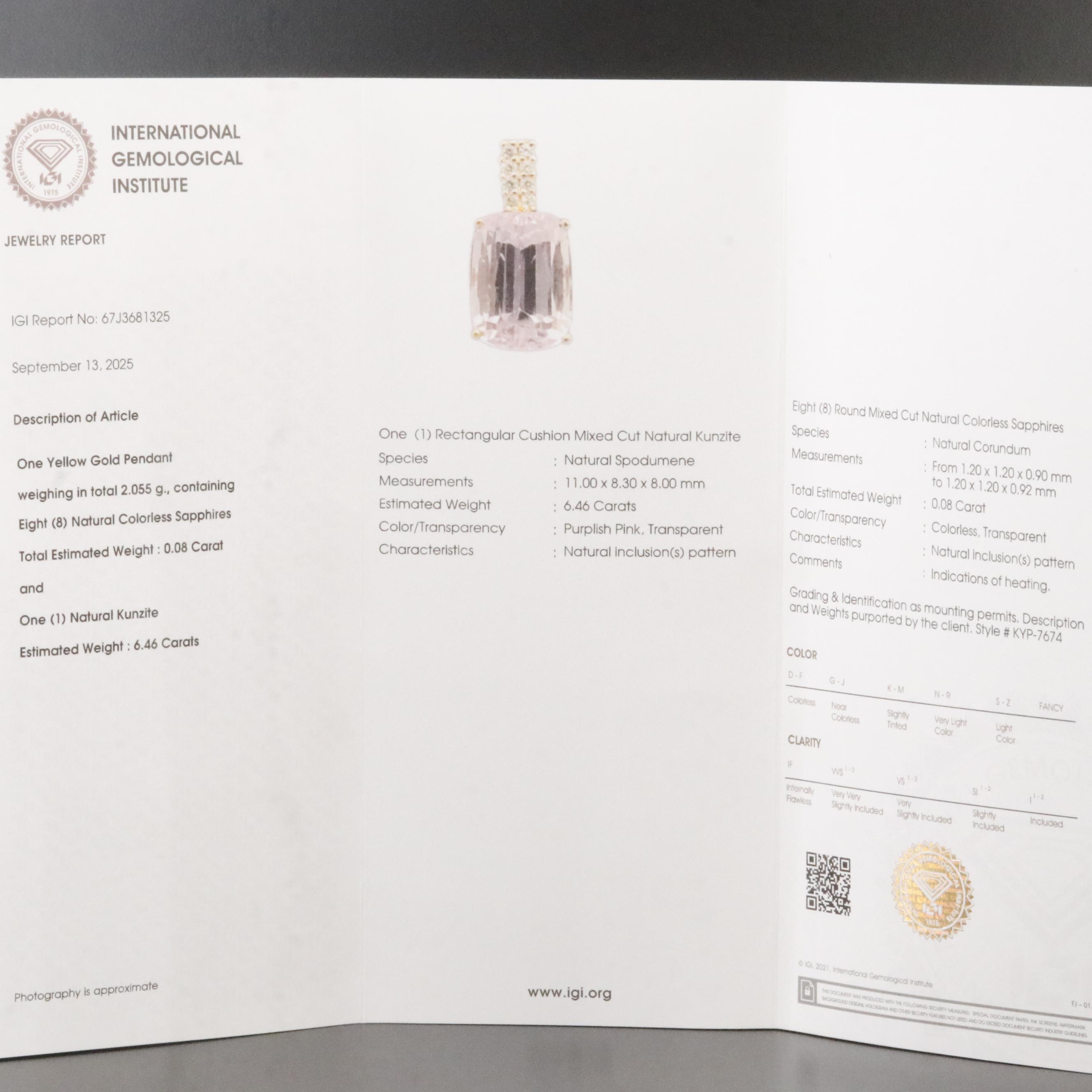 14K 6.46 CT Kunzite and White Sapphire Pendant with IGI Jewelry Report