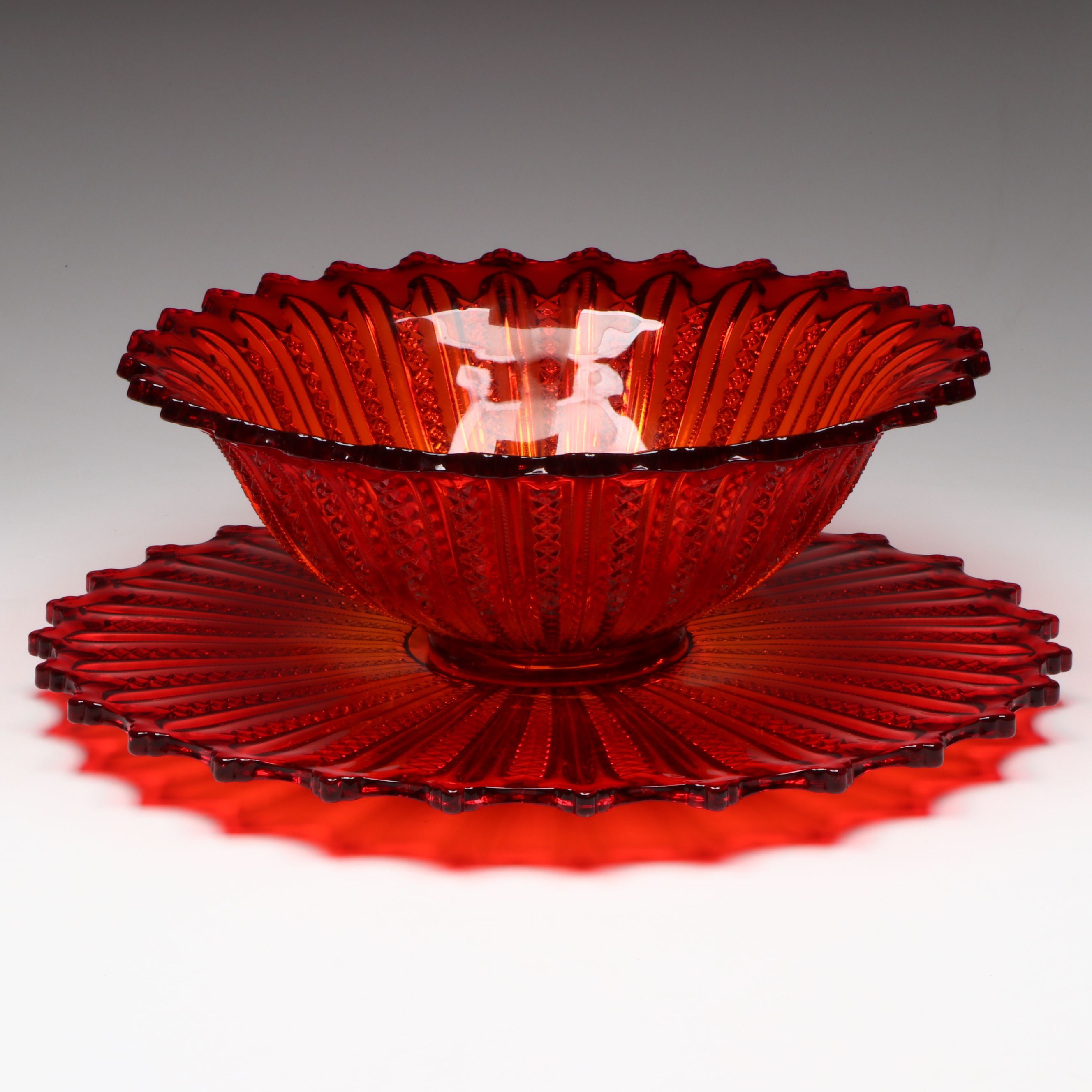 Tiara Indiana Glass Company "Mardi Gras" Amberina Glass Punch Bowl and Tray