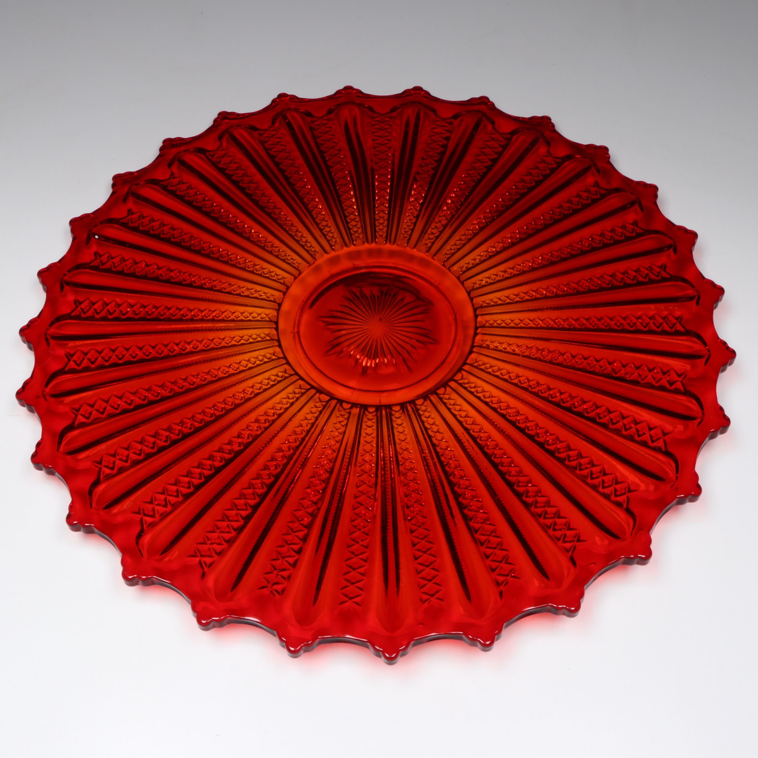 Tiara Indiana Glass Company "Mardi Gras" Amberina Glass Punch Bowl and Tray