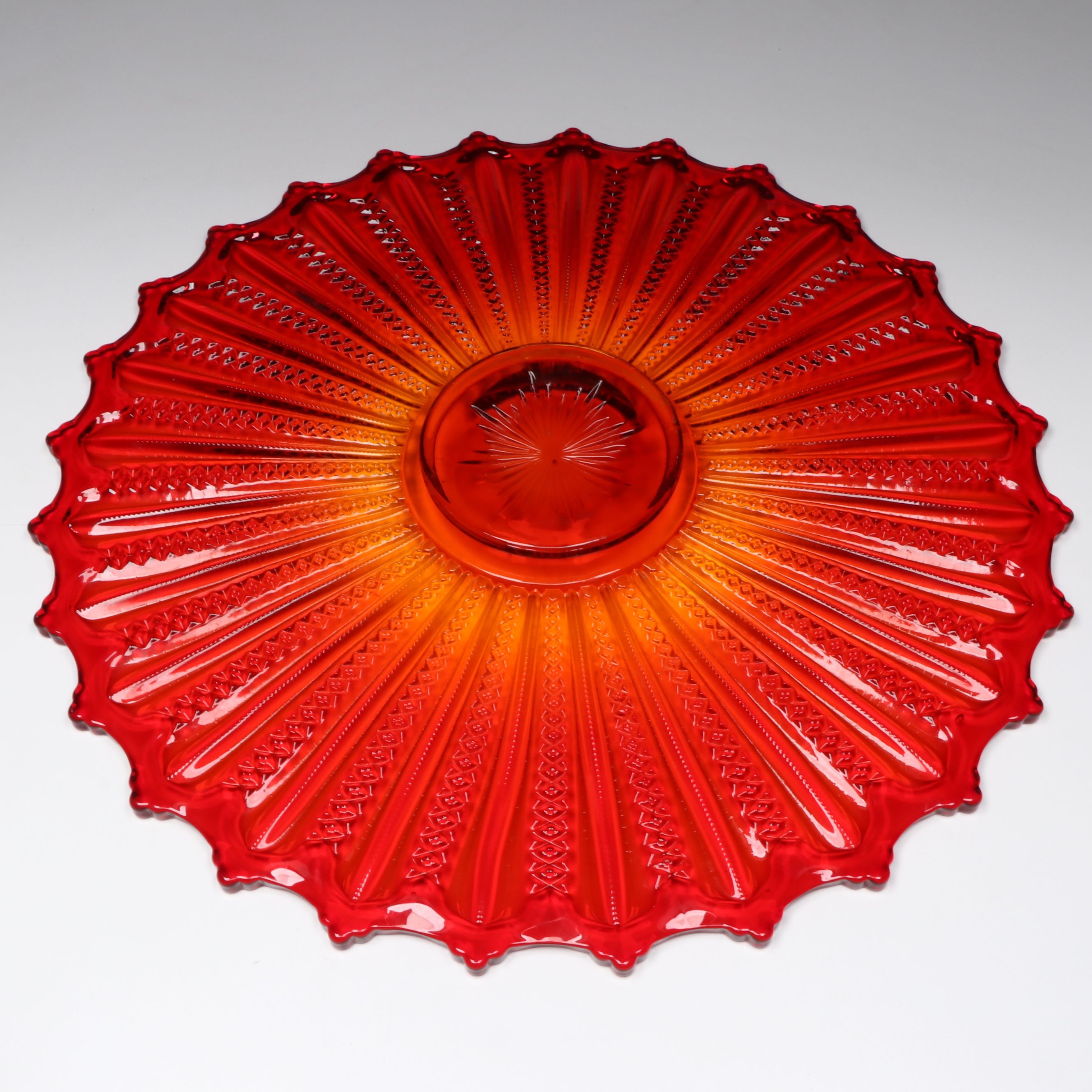 Tiara Indiana Glass Company "Mardi Gras" Amberina Glass Punch Bowl and Tray