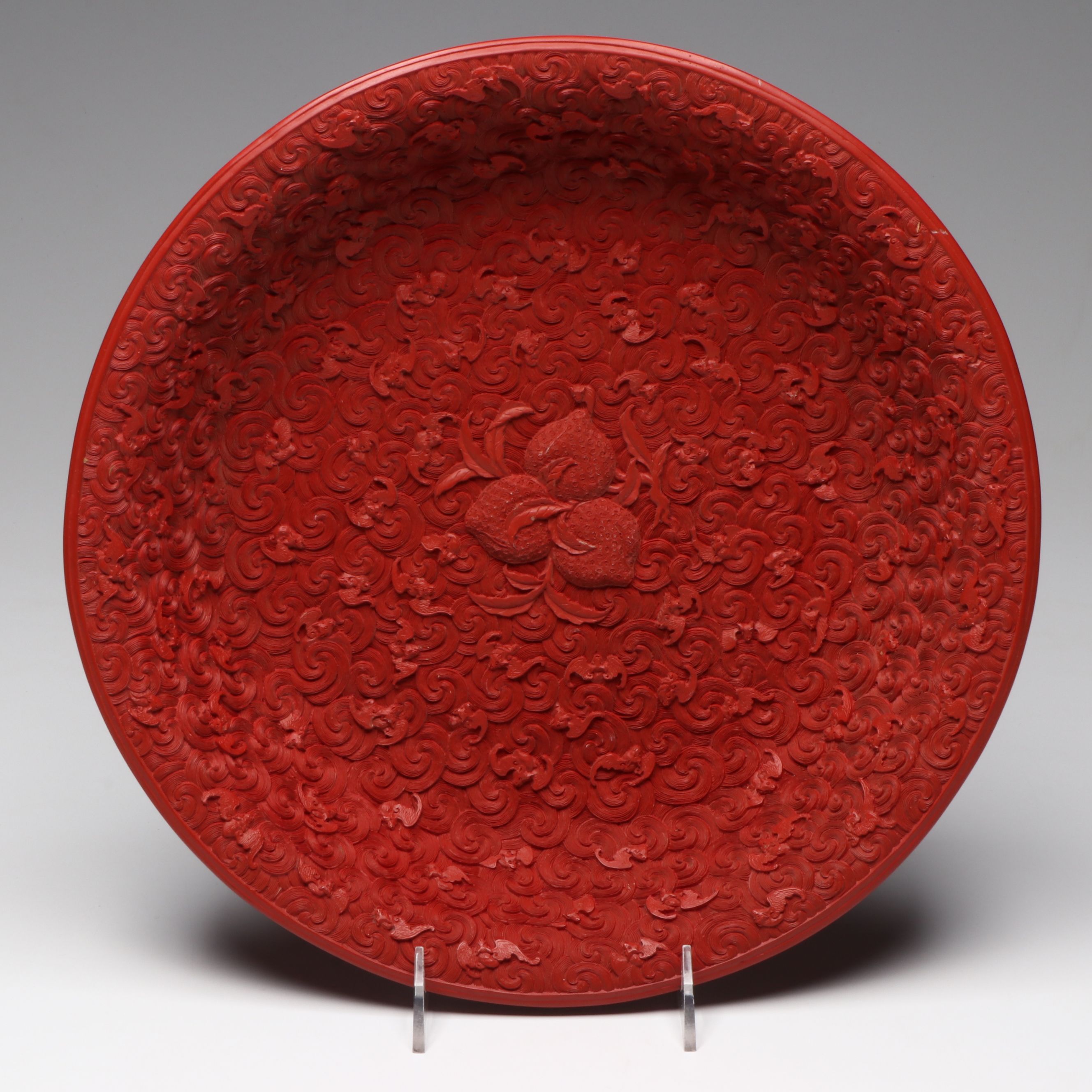 Chinese Cinnabar Style Lacquerware Charger with Wufu Bats and Peaches