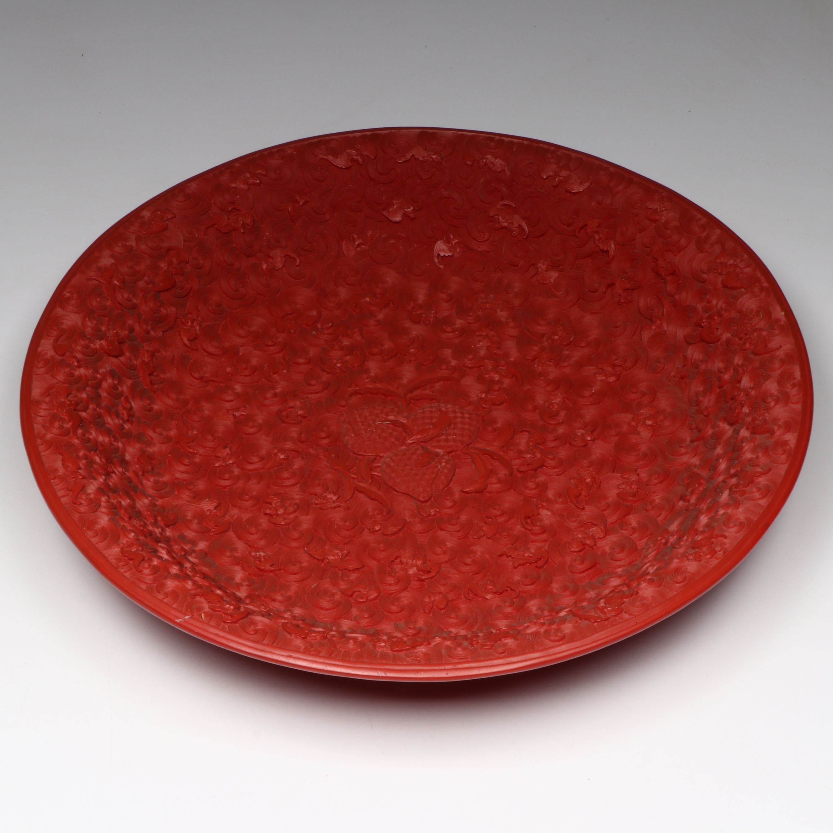 Chinese Cinnabar Style Lacquerware Charger with Wufu Bats and Peaches