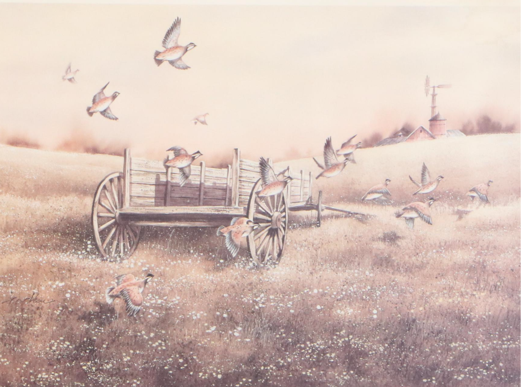 Offset Lithograph of Old Wagon and Quails, Late 20th Century