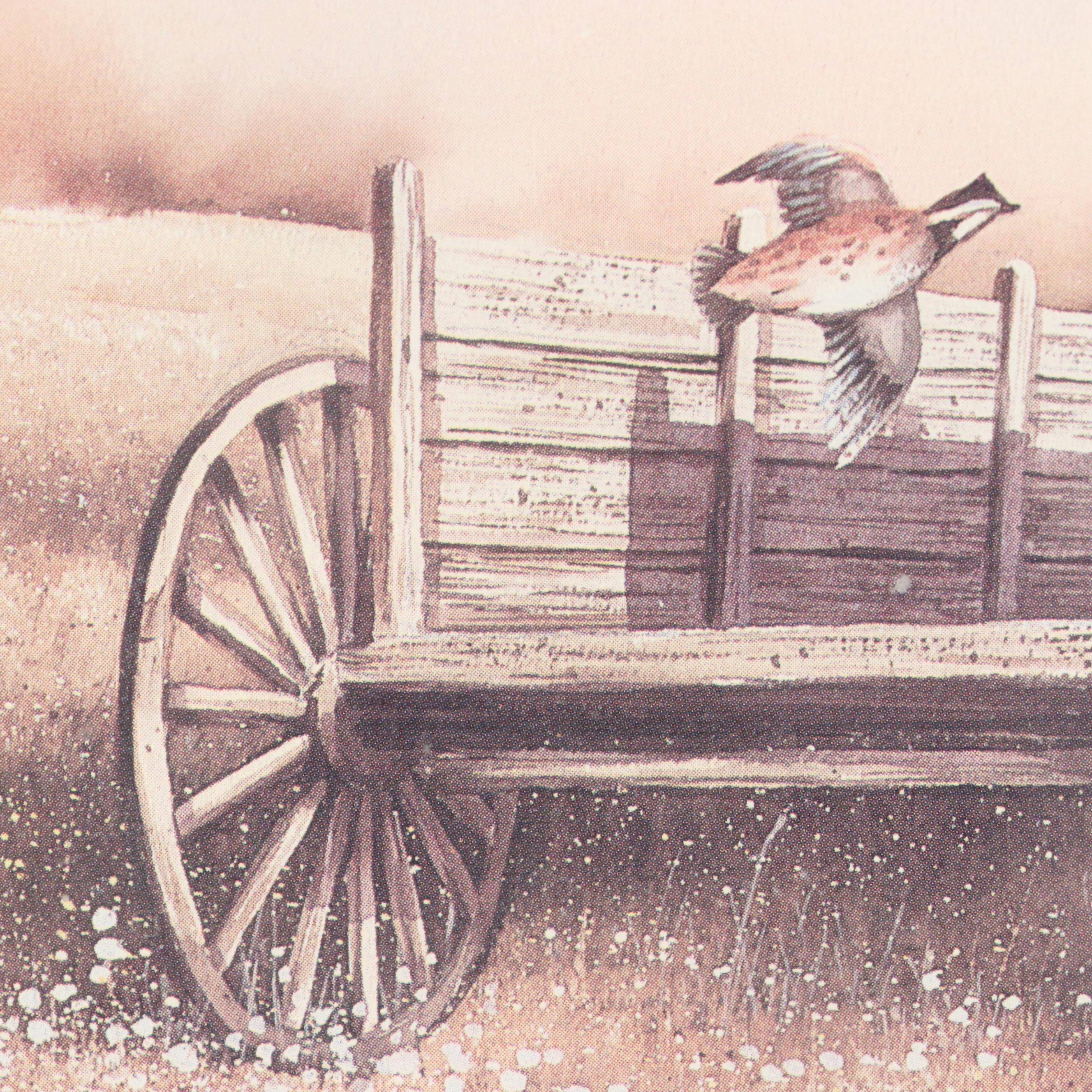 Offset Lithograph of Old Wagon and Quails, Late 20th Century