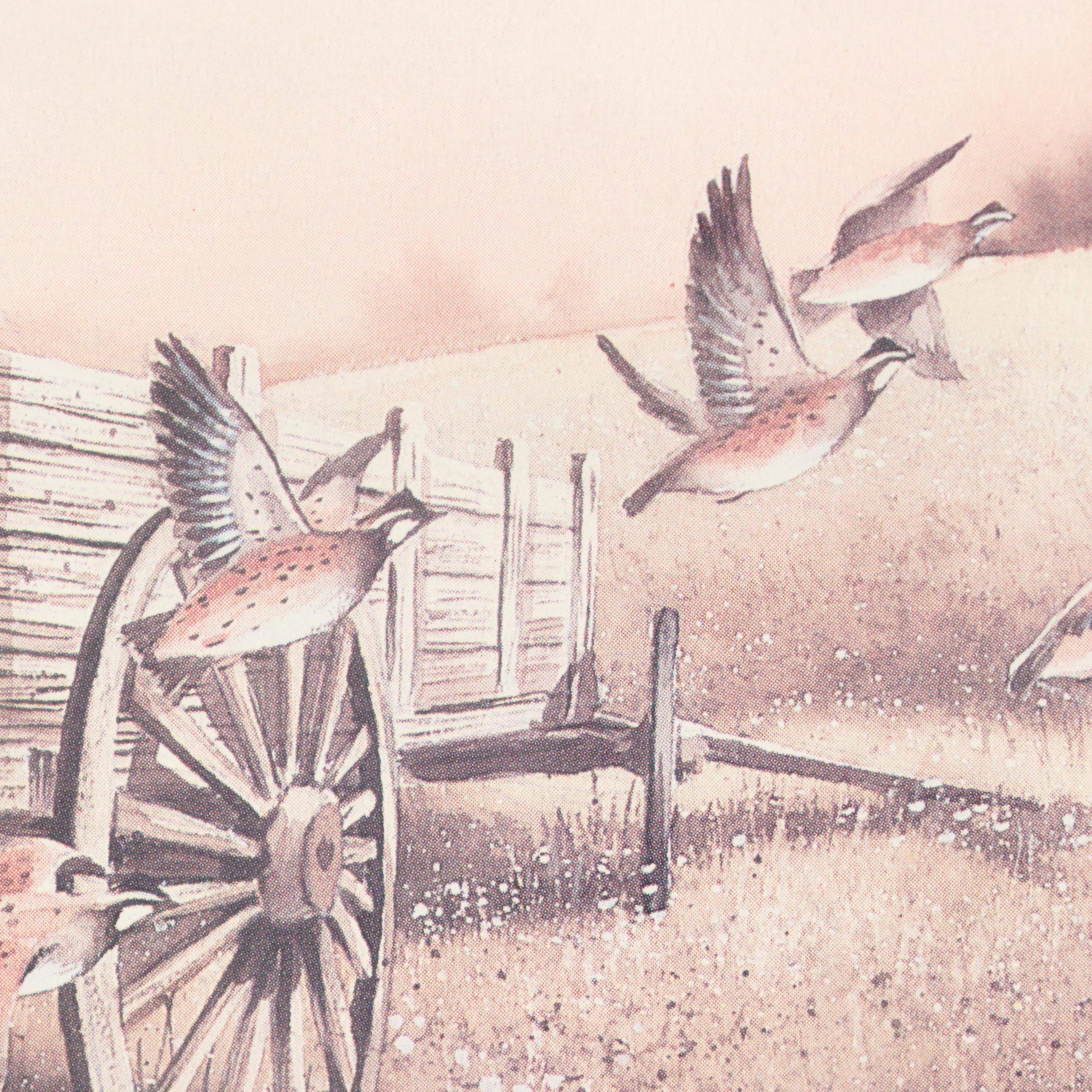 Offset Lithograph of Old Wagon and Quails, Late 20th Century