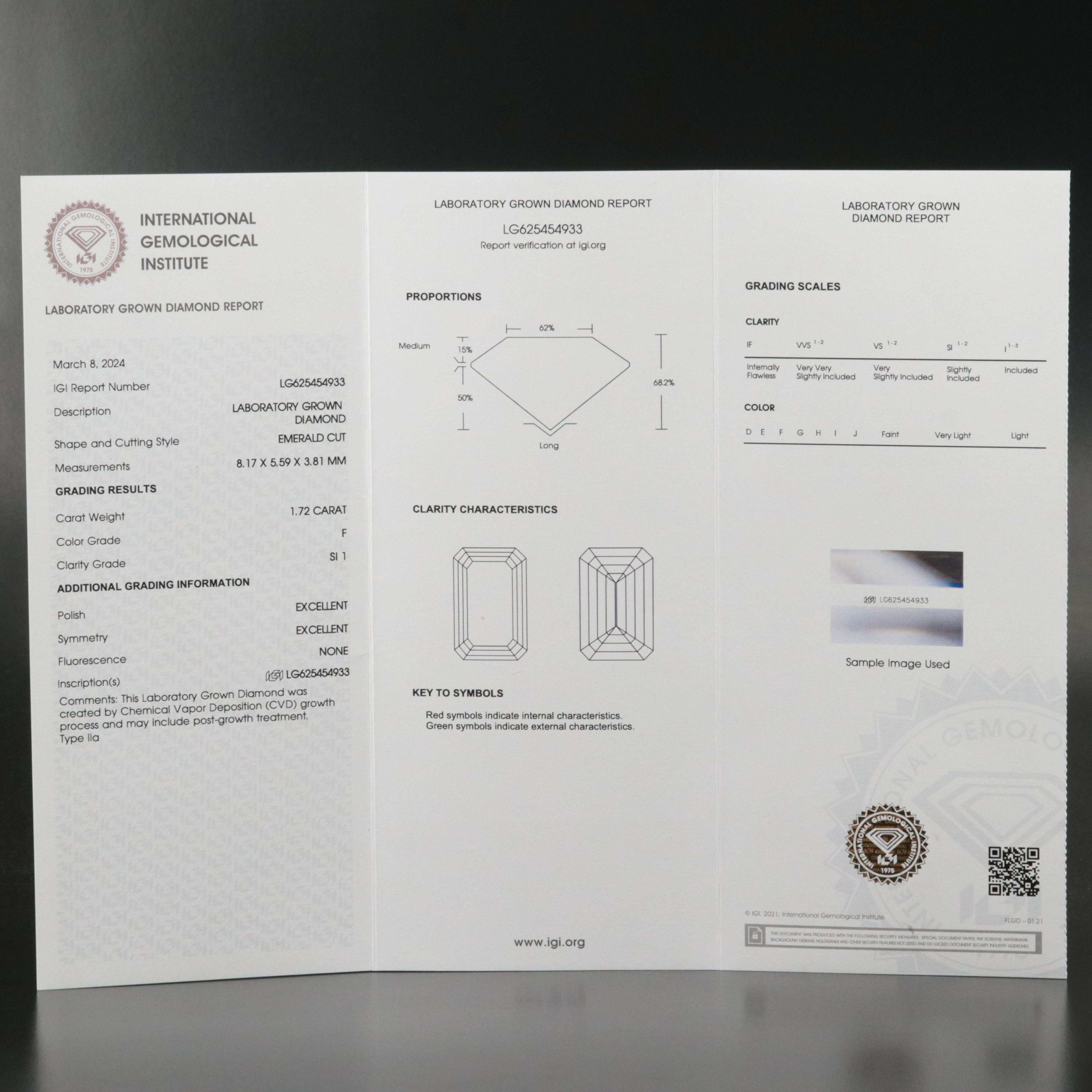 Loose 1.72 CT Lab Grown Diamond with IGI Report