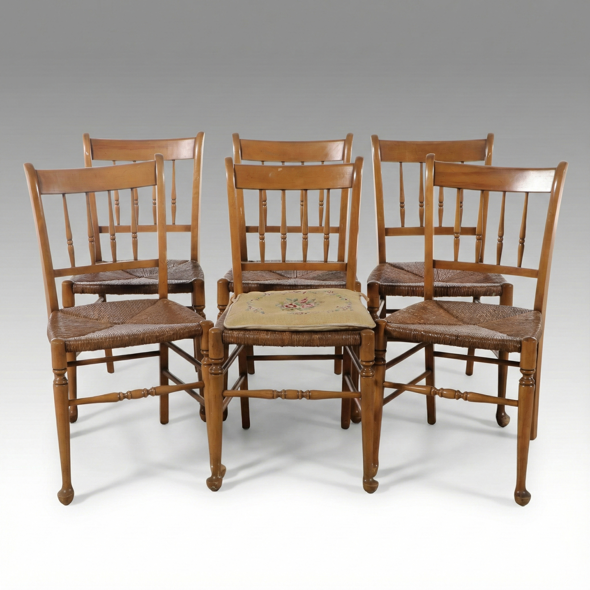 American Edwardian Style Carved Spindle Back Chairs with Rush Seats
