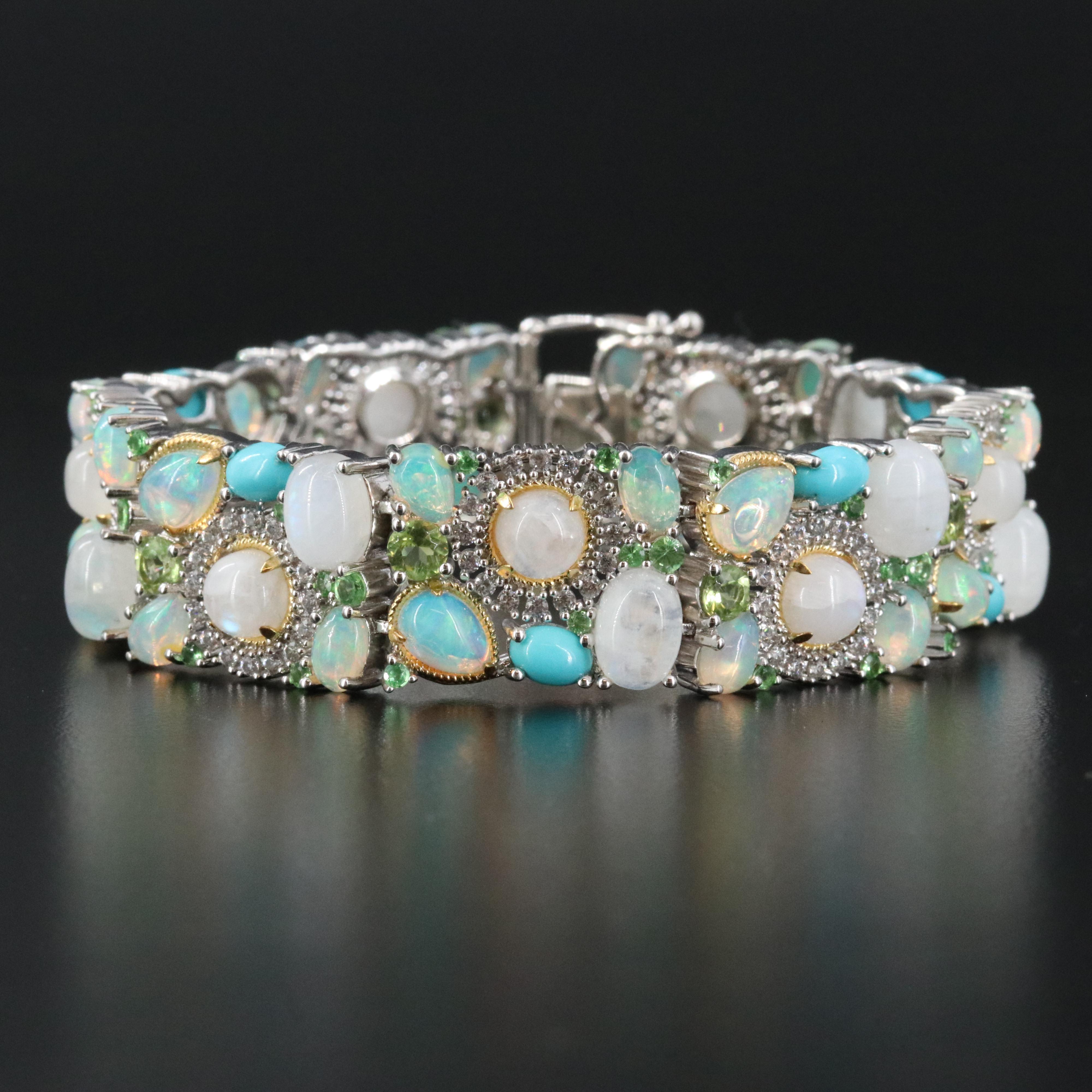 Sterling Opal, Rainbow Moonstone and White Zircon Strap Bracelet