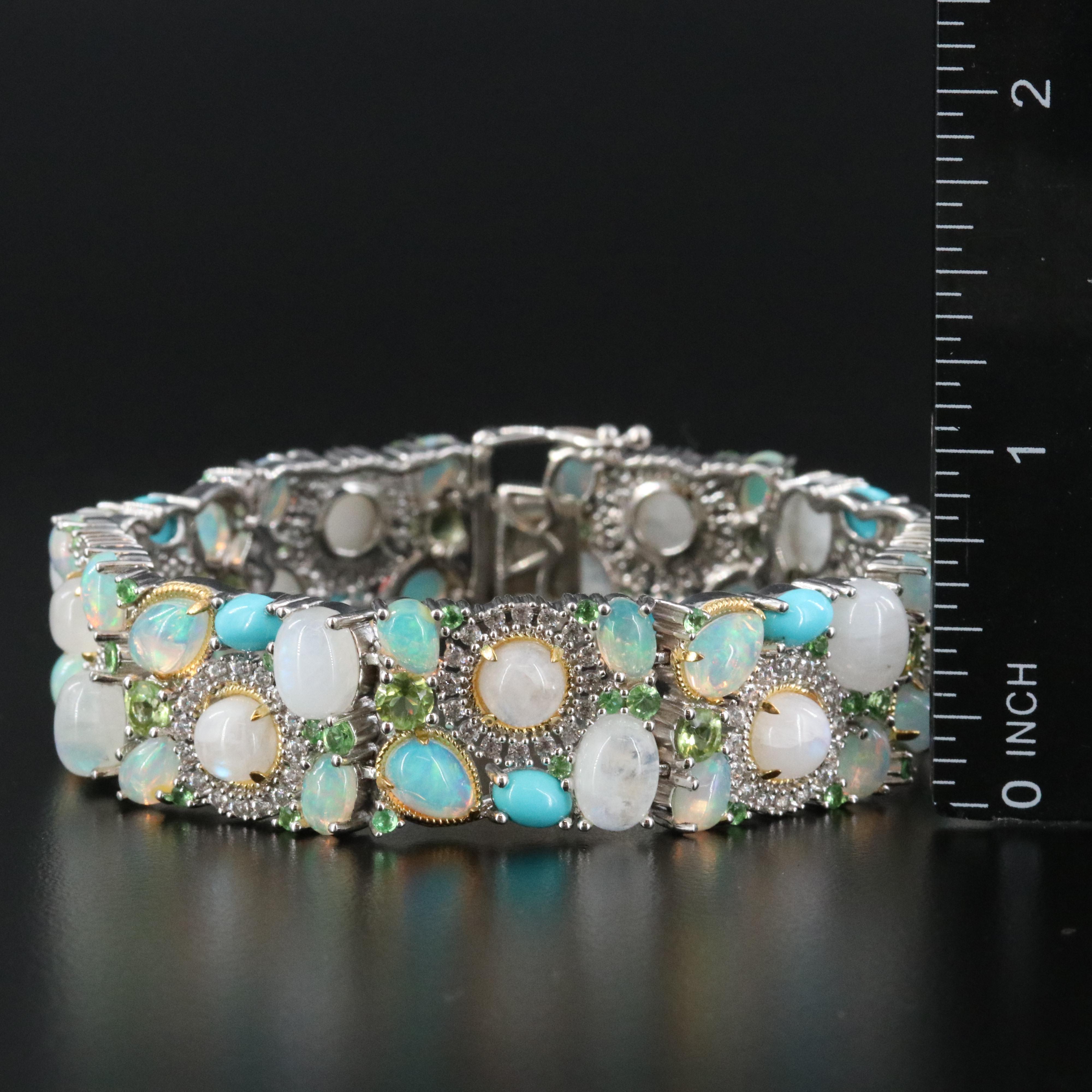 Sterling Opal, Rainbow Moonstone and White Zircon Strap Bracelet