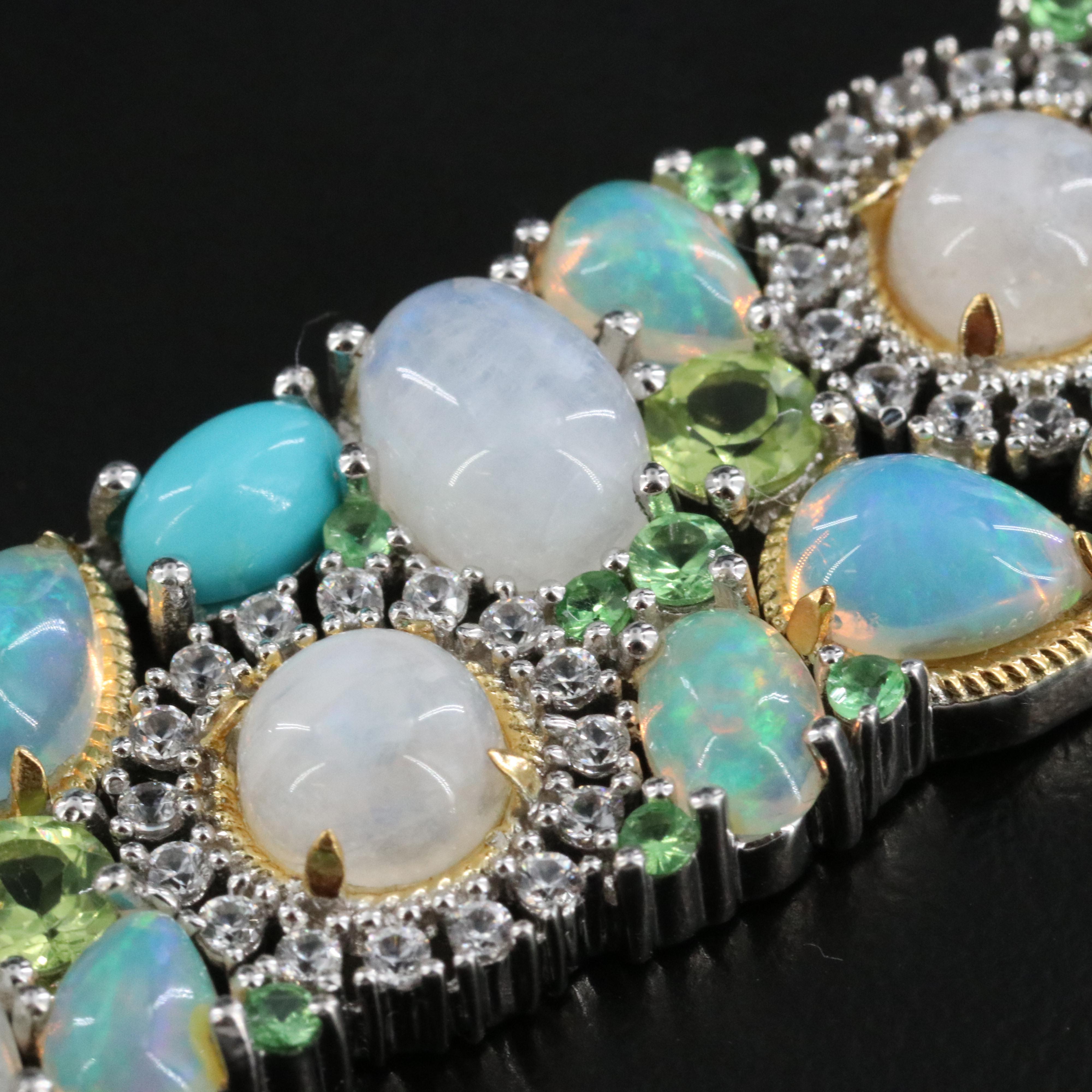 Sterling Opal, Rainbow Moonstone and White Zircon Strap Bracelet