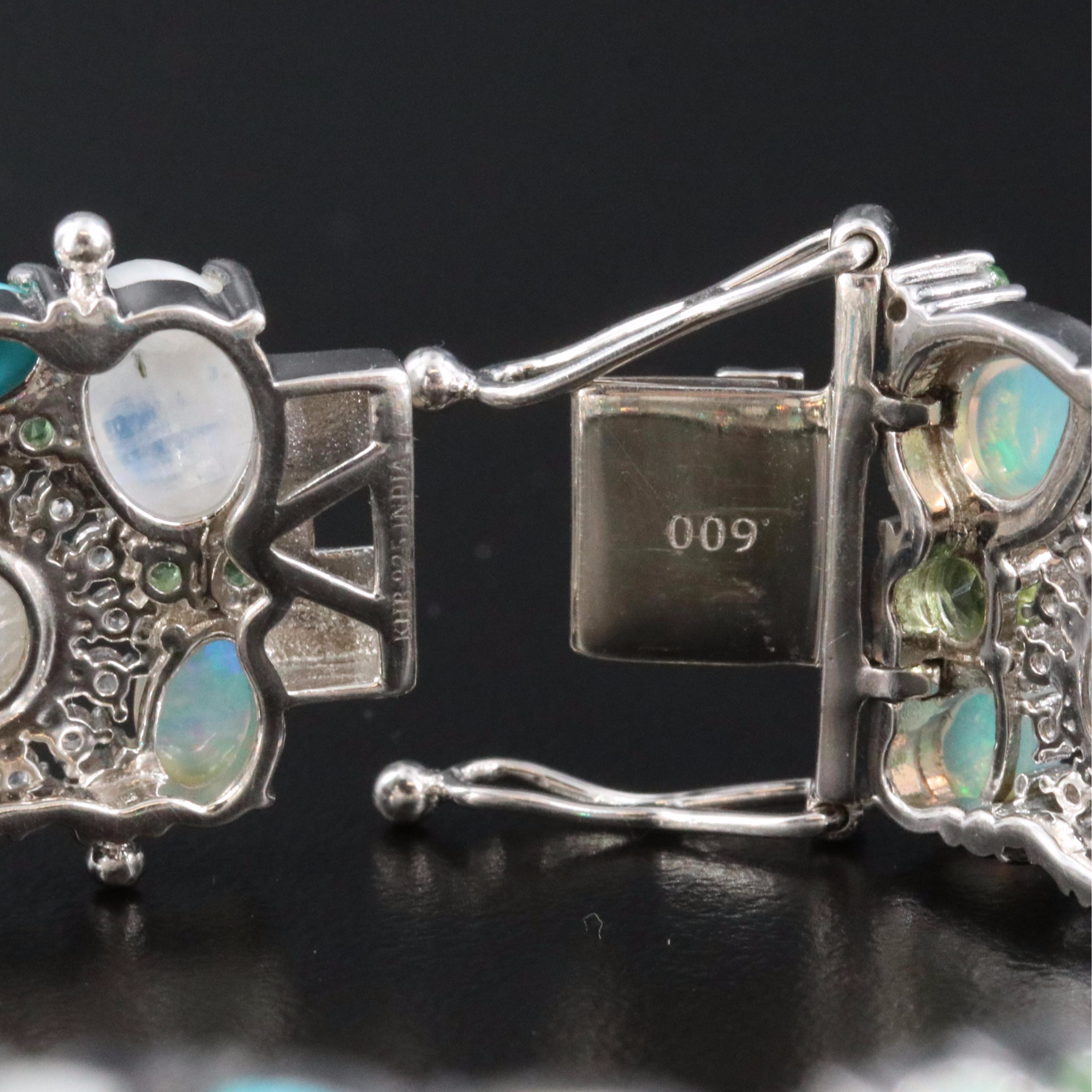 Sterling Opal, Rainbow Moonstone and White Zircon Strap Bracelet