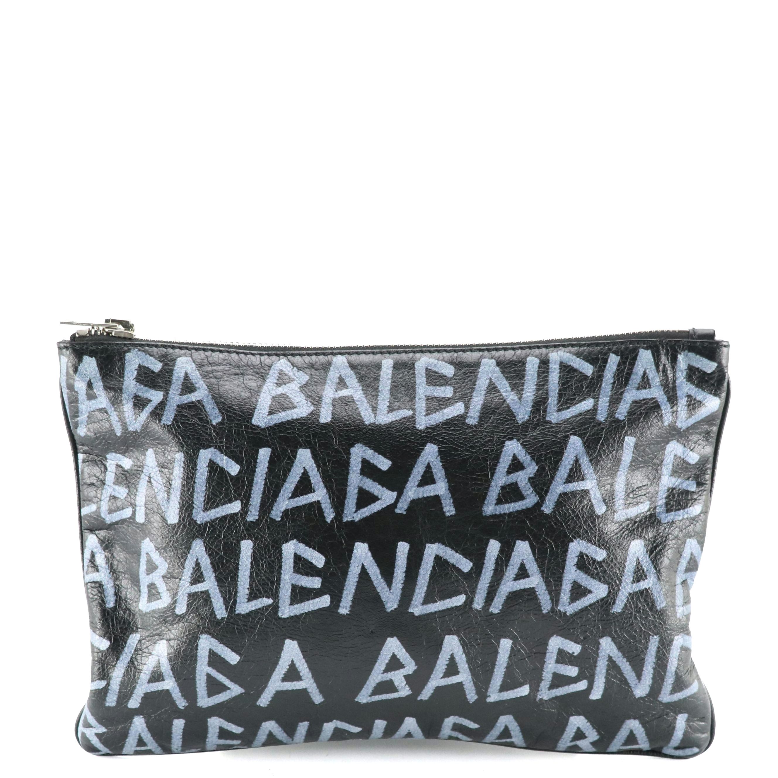 Balenciaga Blue Graffiti Logo Zip Pouch in Black Crinkled Calf Leather