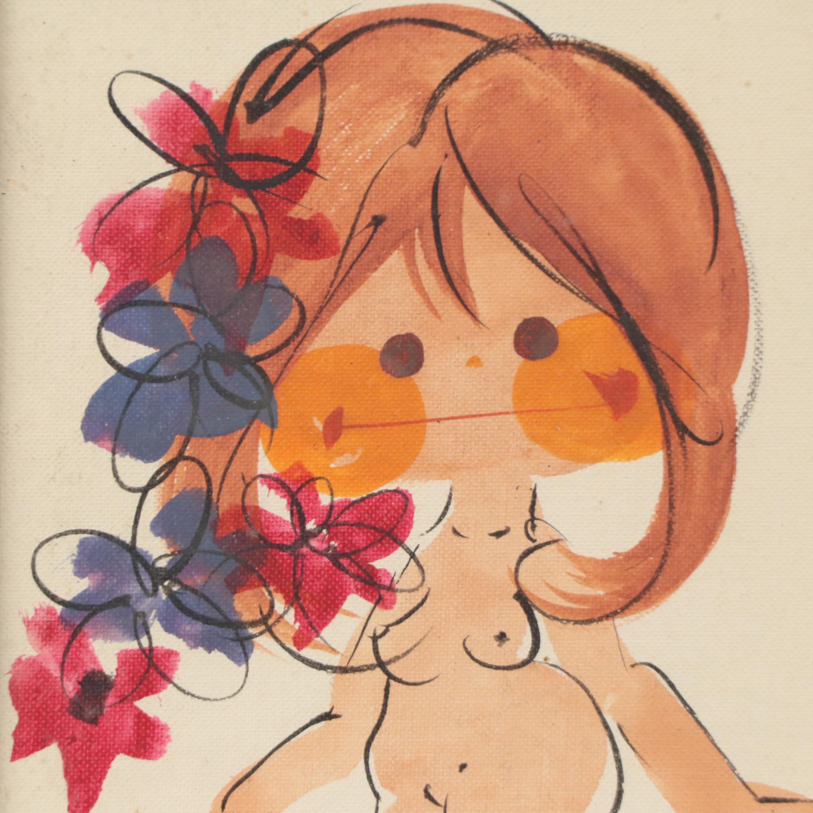 Helyn Mann Watercolor Painting of Stylized Figure with Flowers, 20th Century