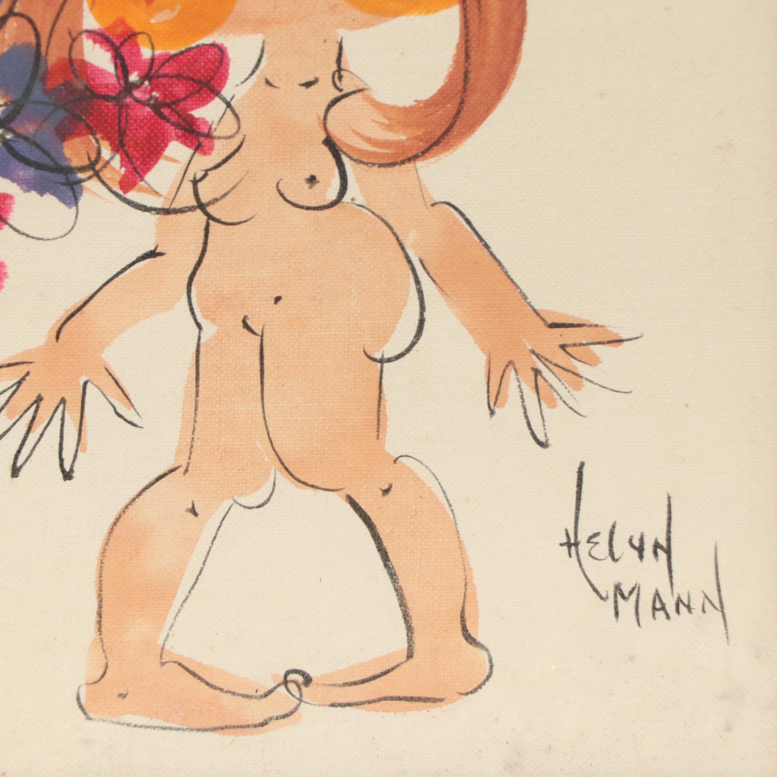Helyn Mann Watercolor Painting of Stylized Figure with Flowers, 20th Century
