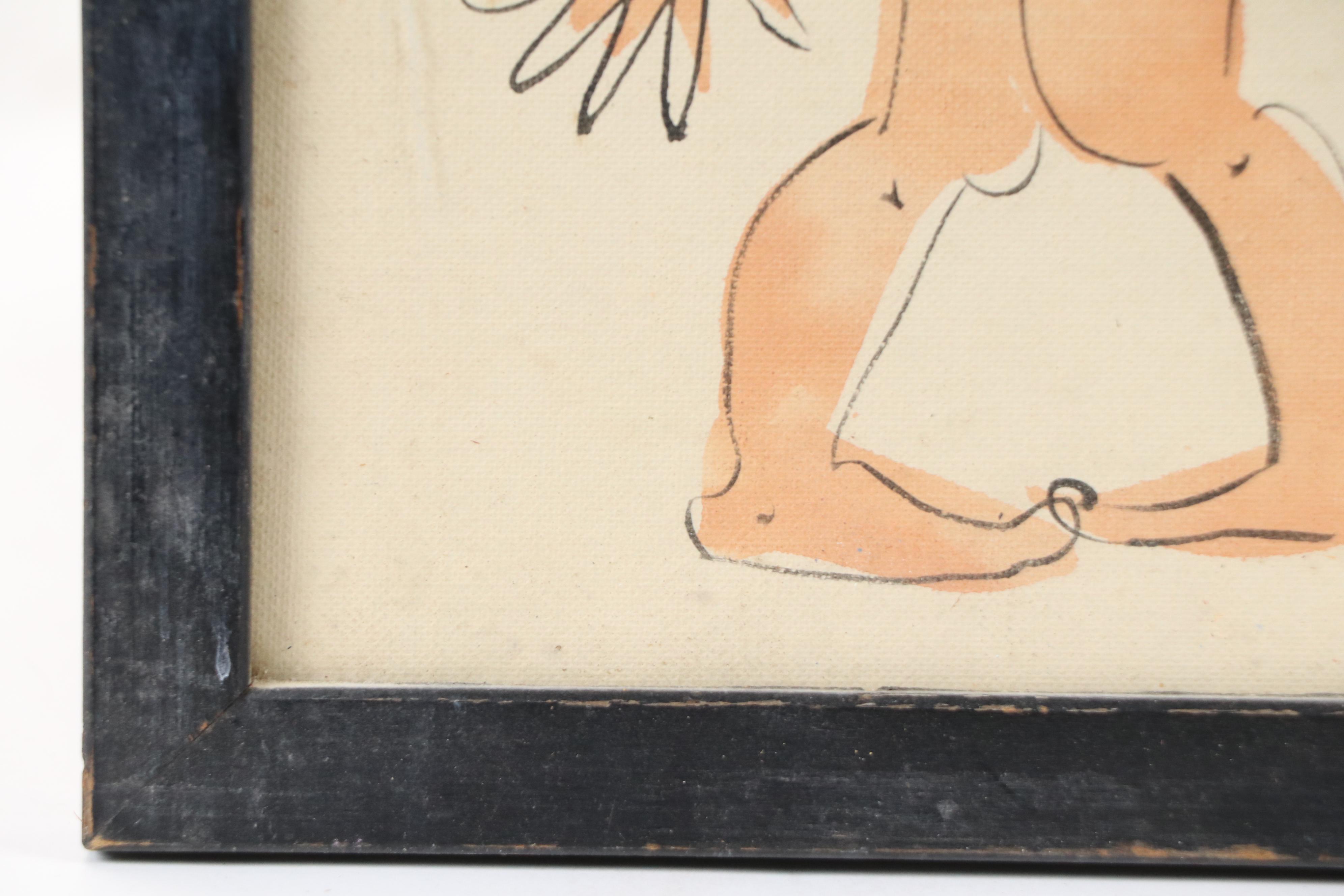 Helyn Mann Watercolor Painting of Stylized Figure with Flowers, 20th Century