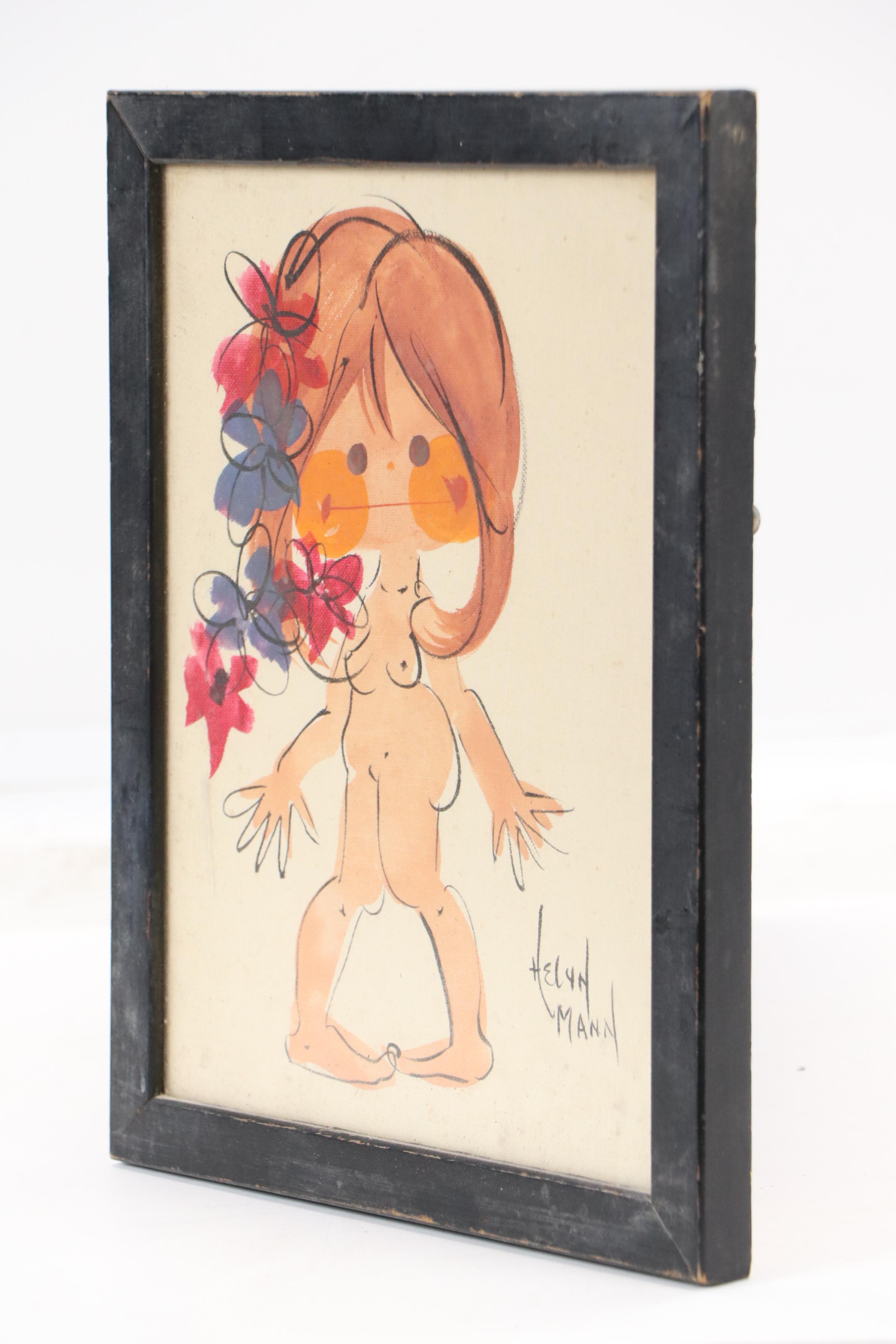 Helyn Mann Watercolor Painting of Stylized Figure with Flowers, 20th Century