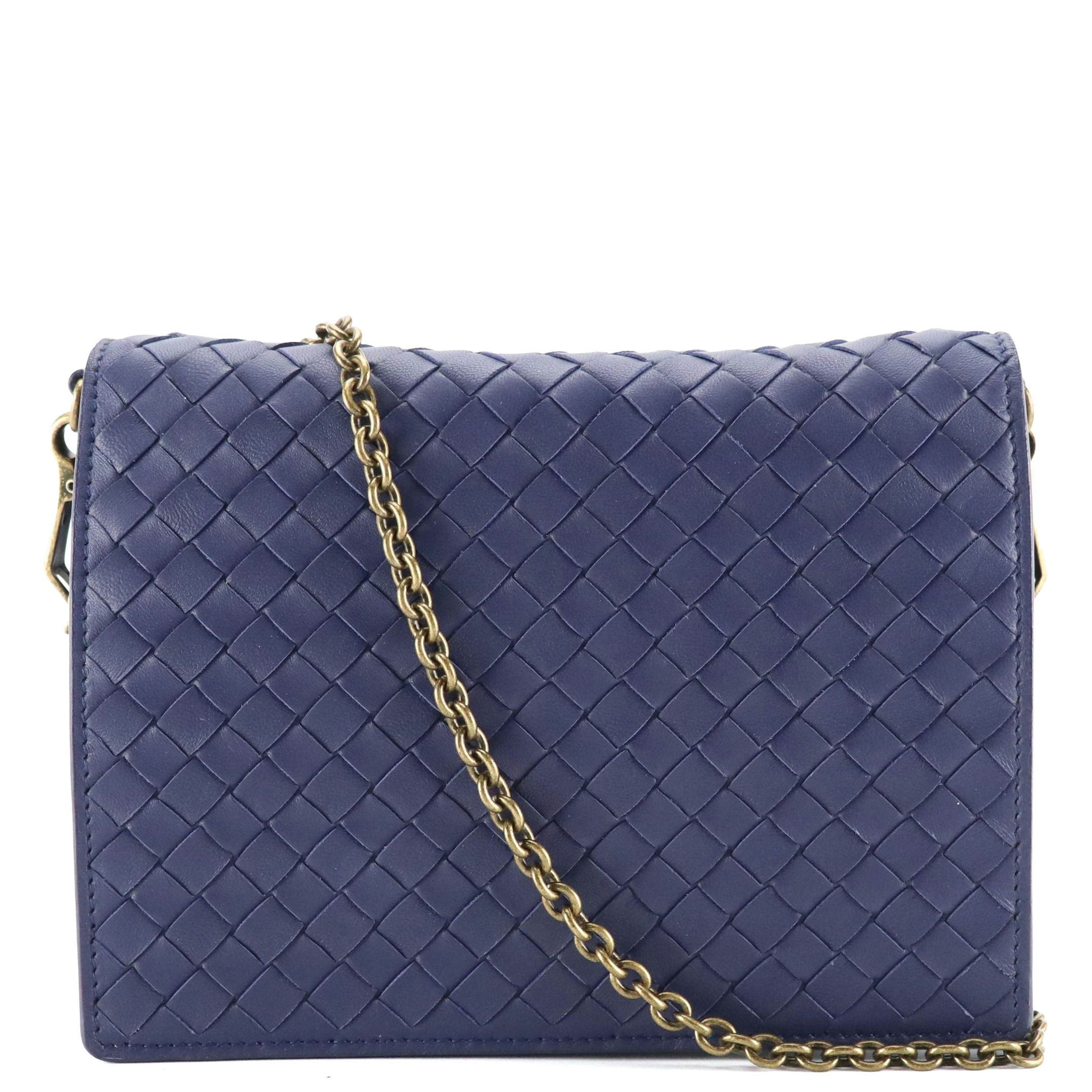 Bottega Veneta Clutch Wallet on Chain in Deep Blue Intrecciato Leather
