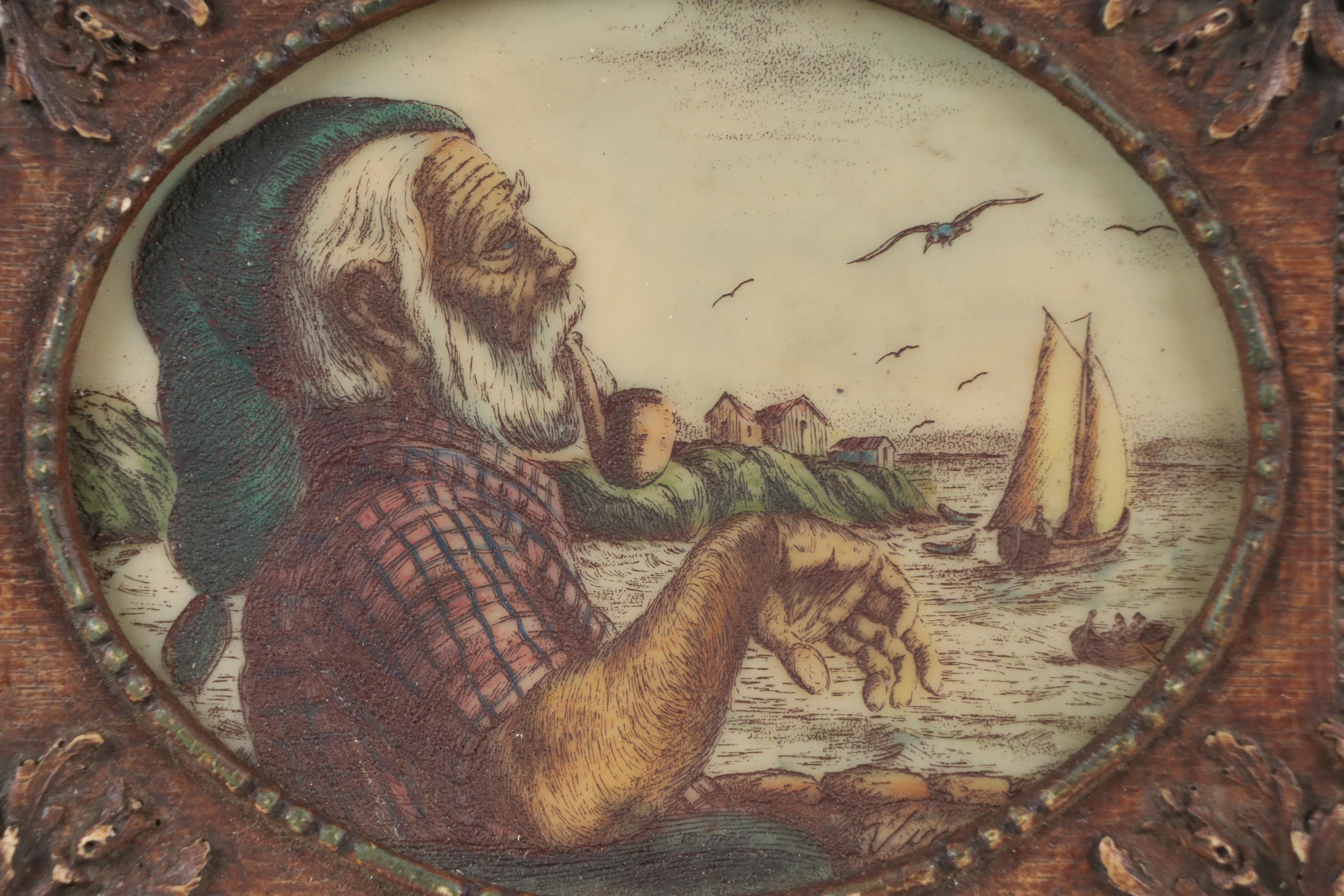 Martini Resin Etching of Old Man with Pipe, Mid to Late 20th Century