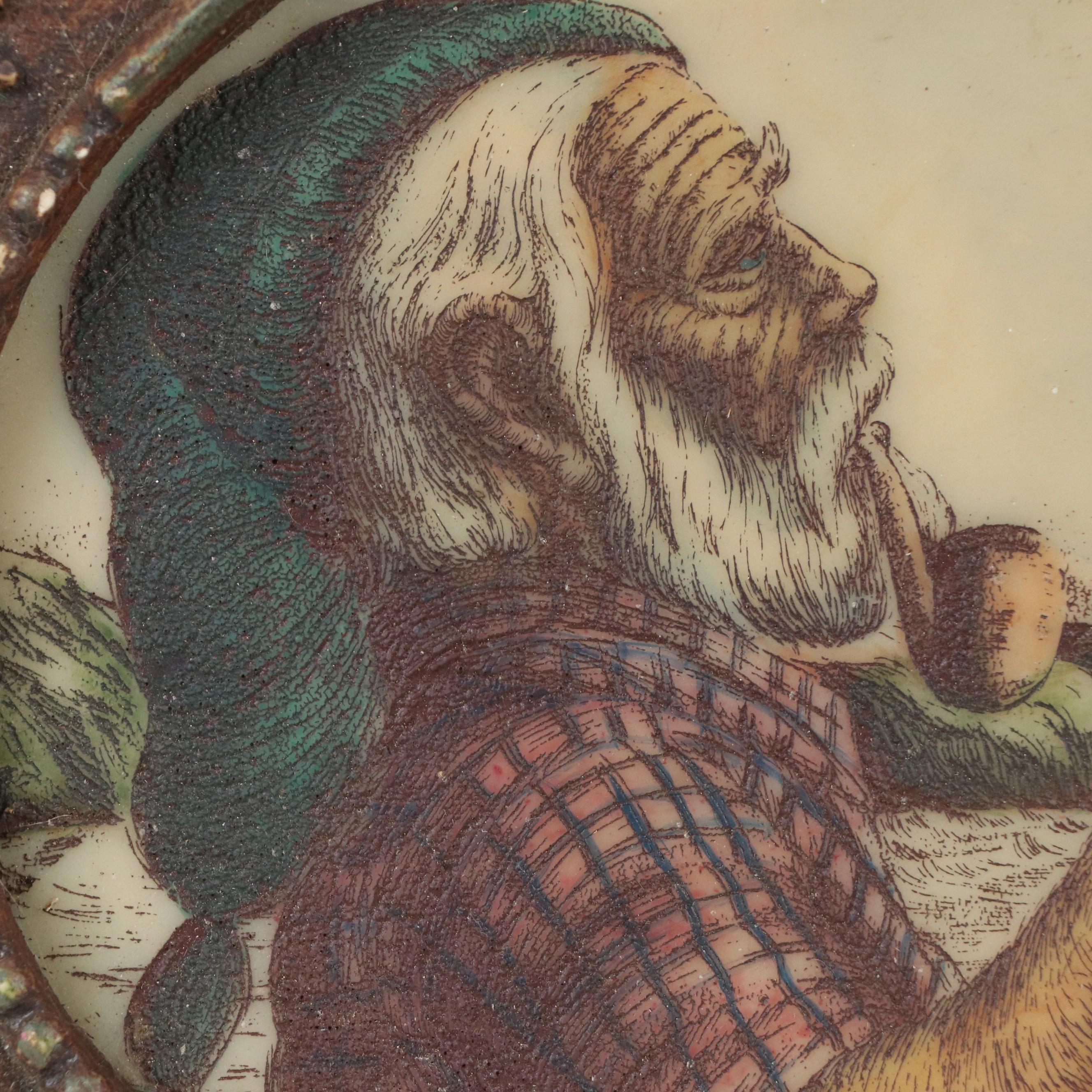 Martini Resin Etching of Old Man with Pipe, Mid to Late 20th Century