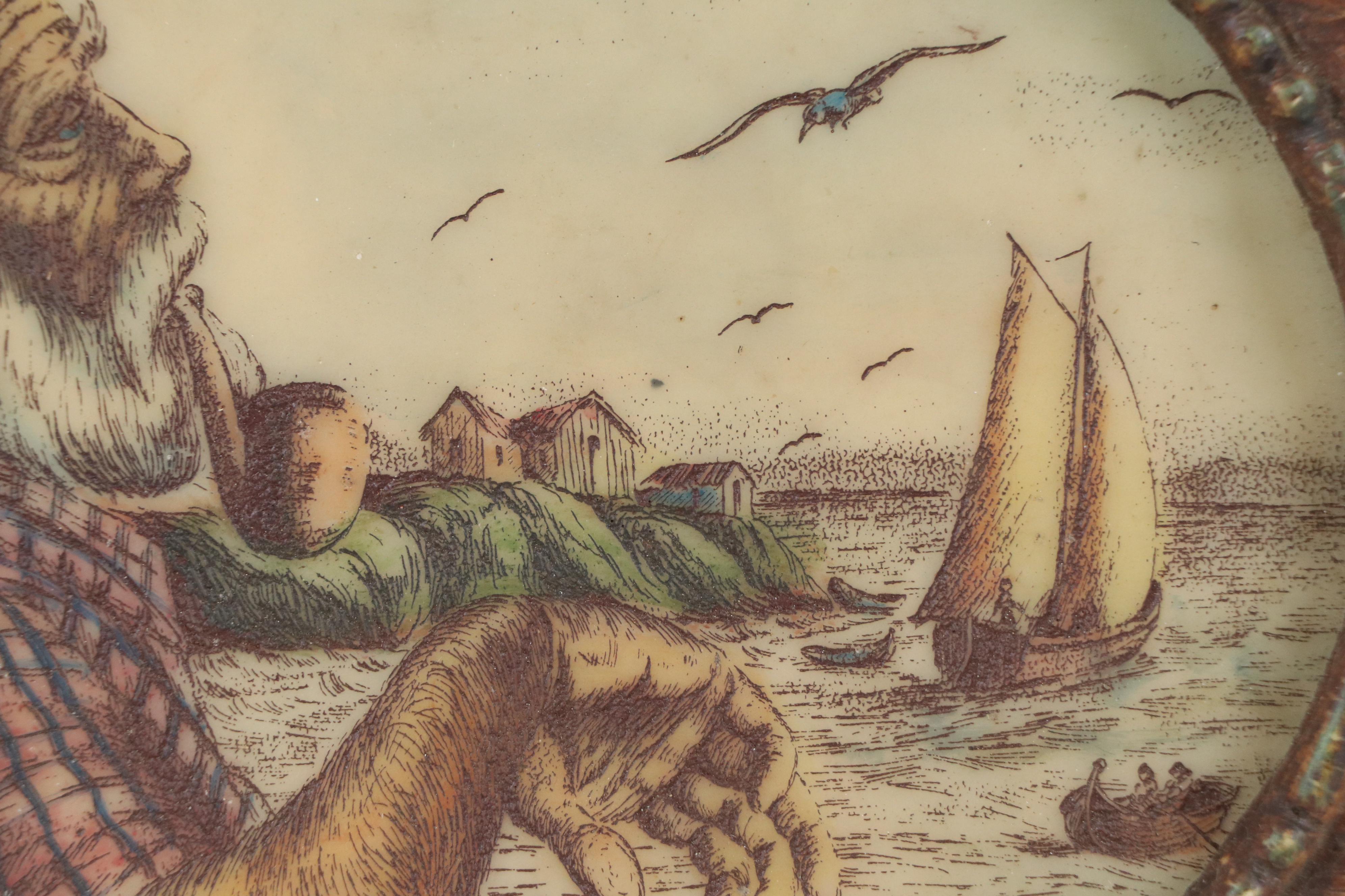 Martini Resin Etching of Old Man with Pipe, Mid to Late 20th Century