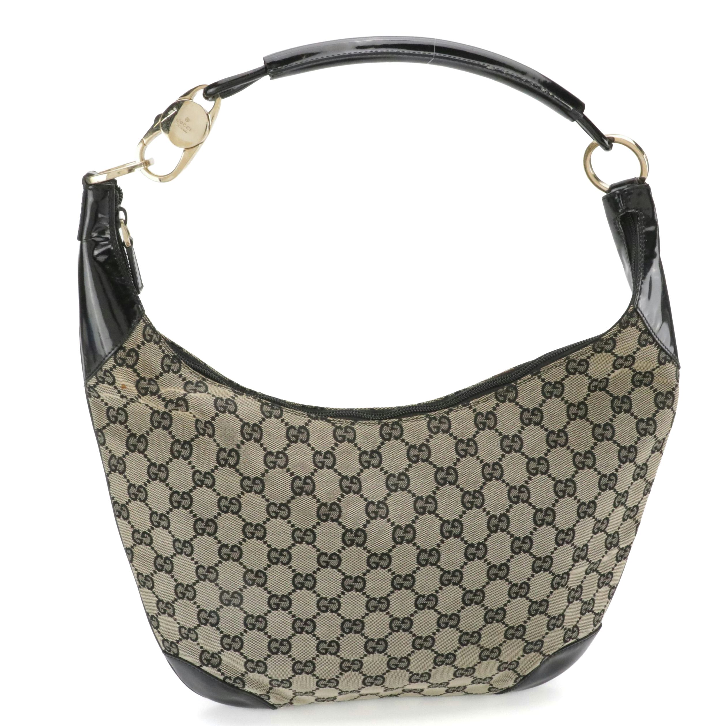 Gucci Hobo Bag in GG Canvas with Patent Leather Trim