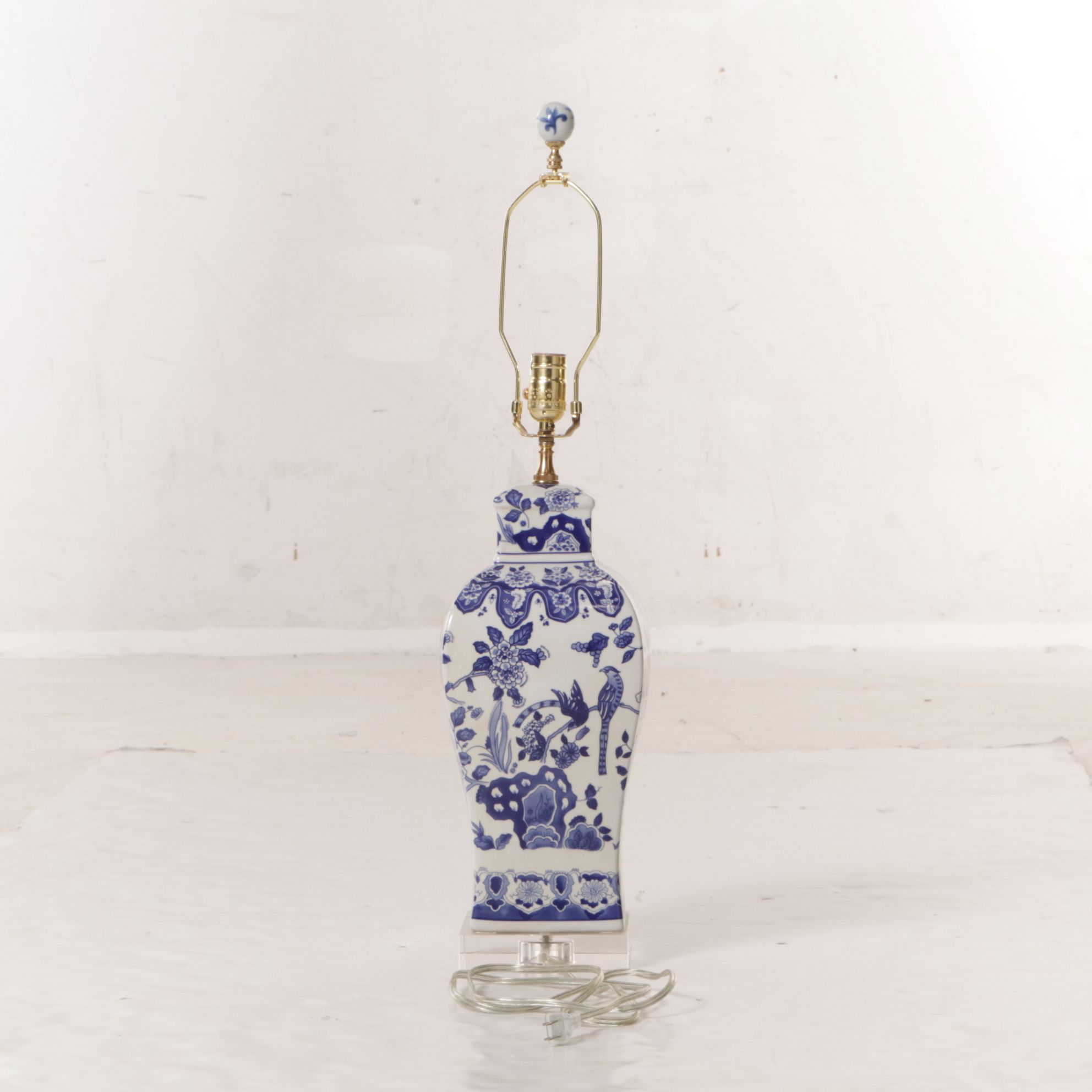 Chinese Porcelain Blue and White Table Lamp with Cotton Shade