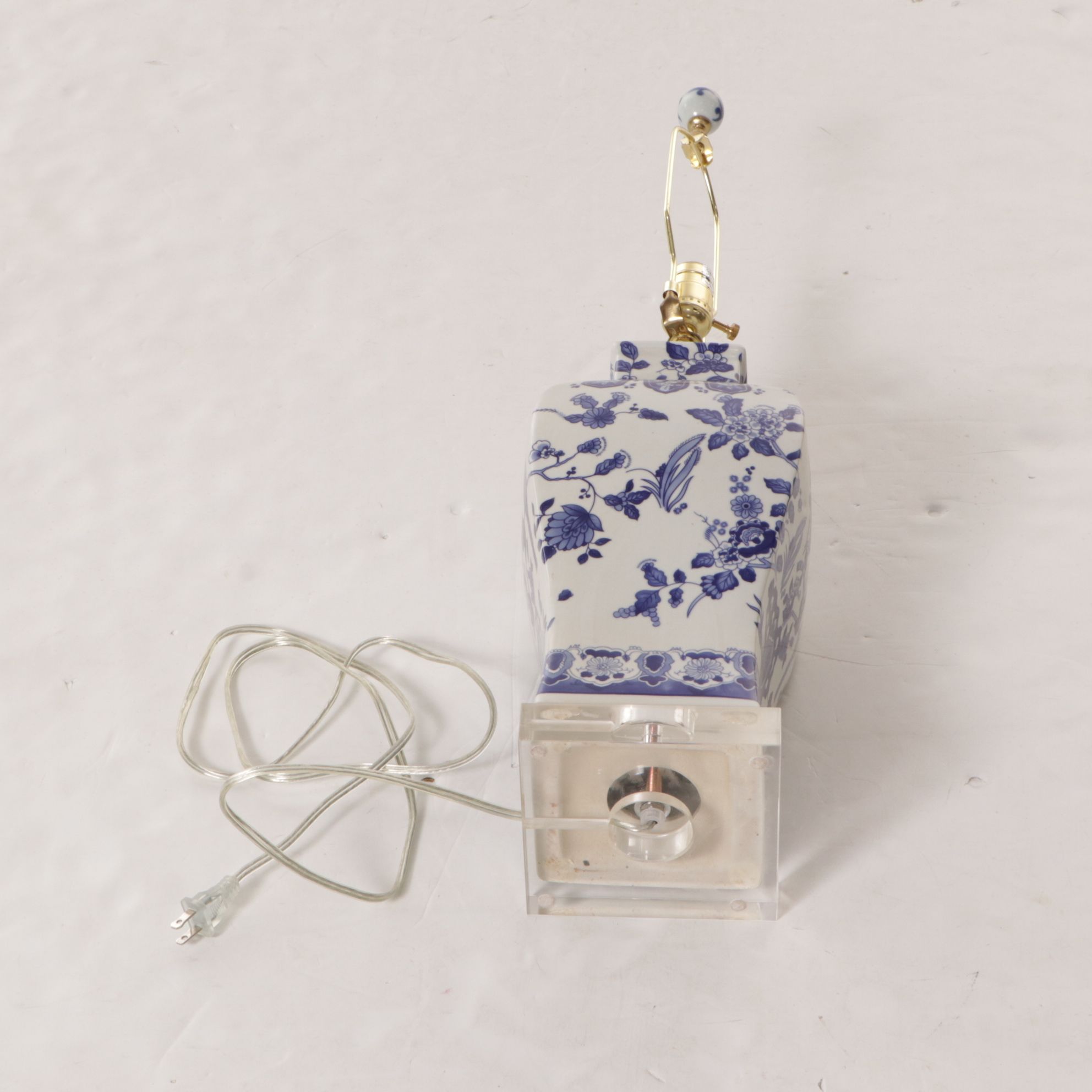 Chinese Porcelain Blue and White Table Lamp with Cotton Shade