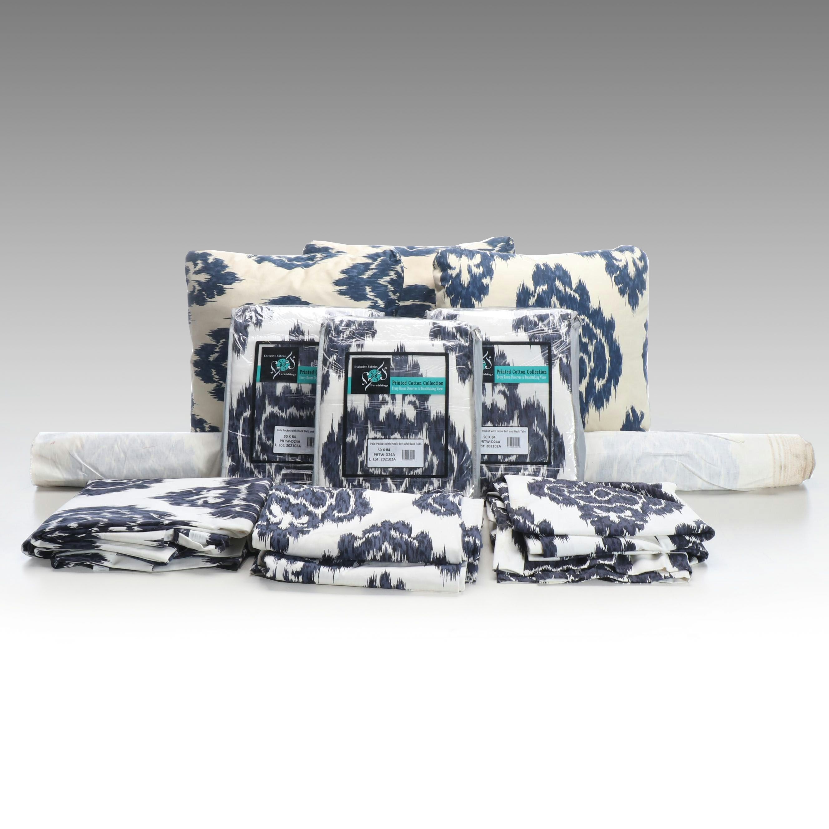 84" Blue & White Ikat Print Cotton Curtains, Matching Pillows and Cotton Bolt