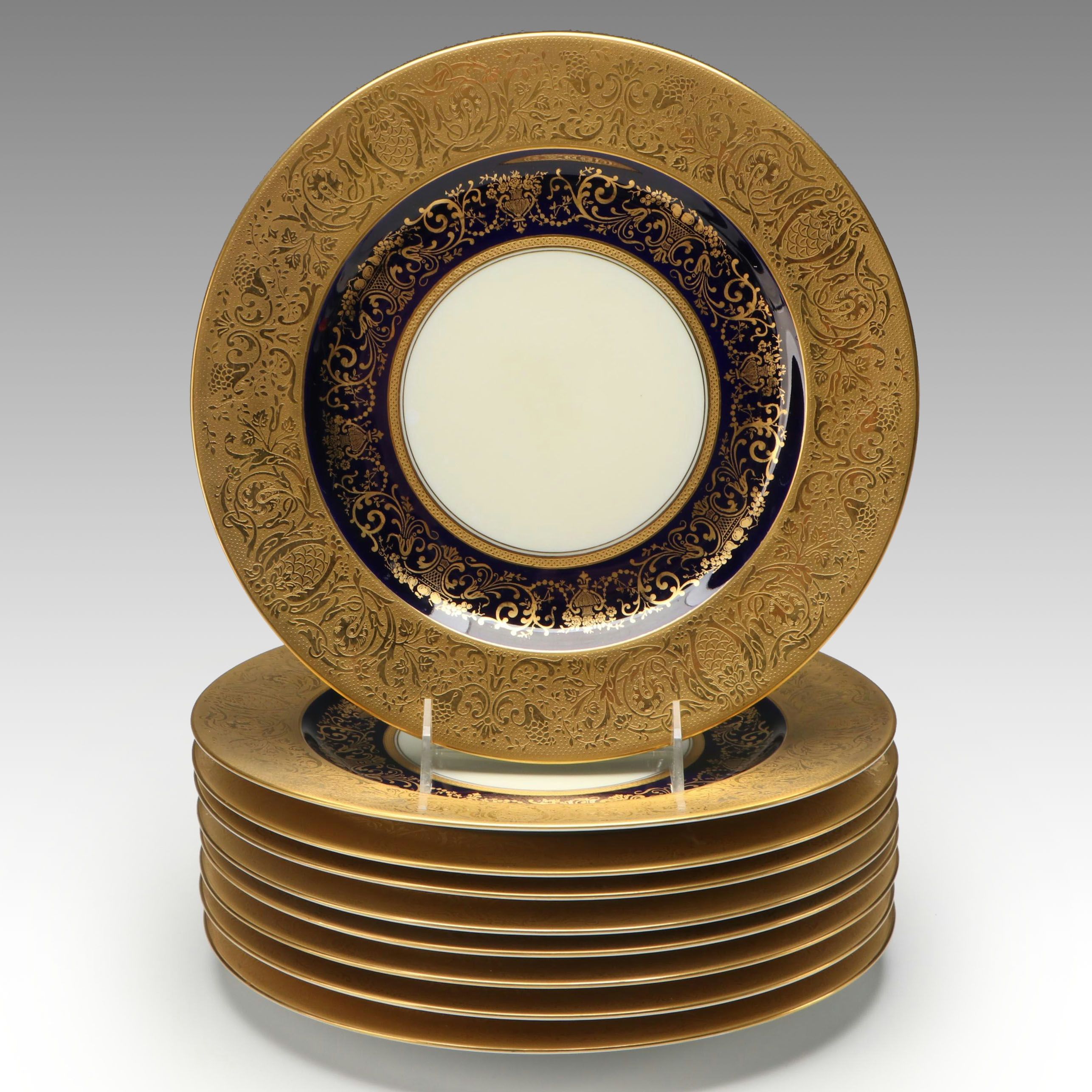 Black Knight Gilt Rimmed and Cobalt Porcelain Dinner Plates