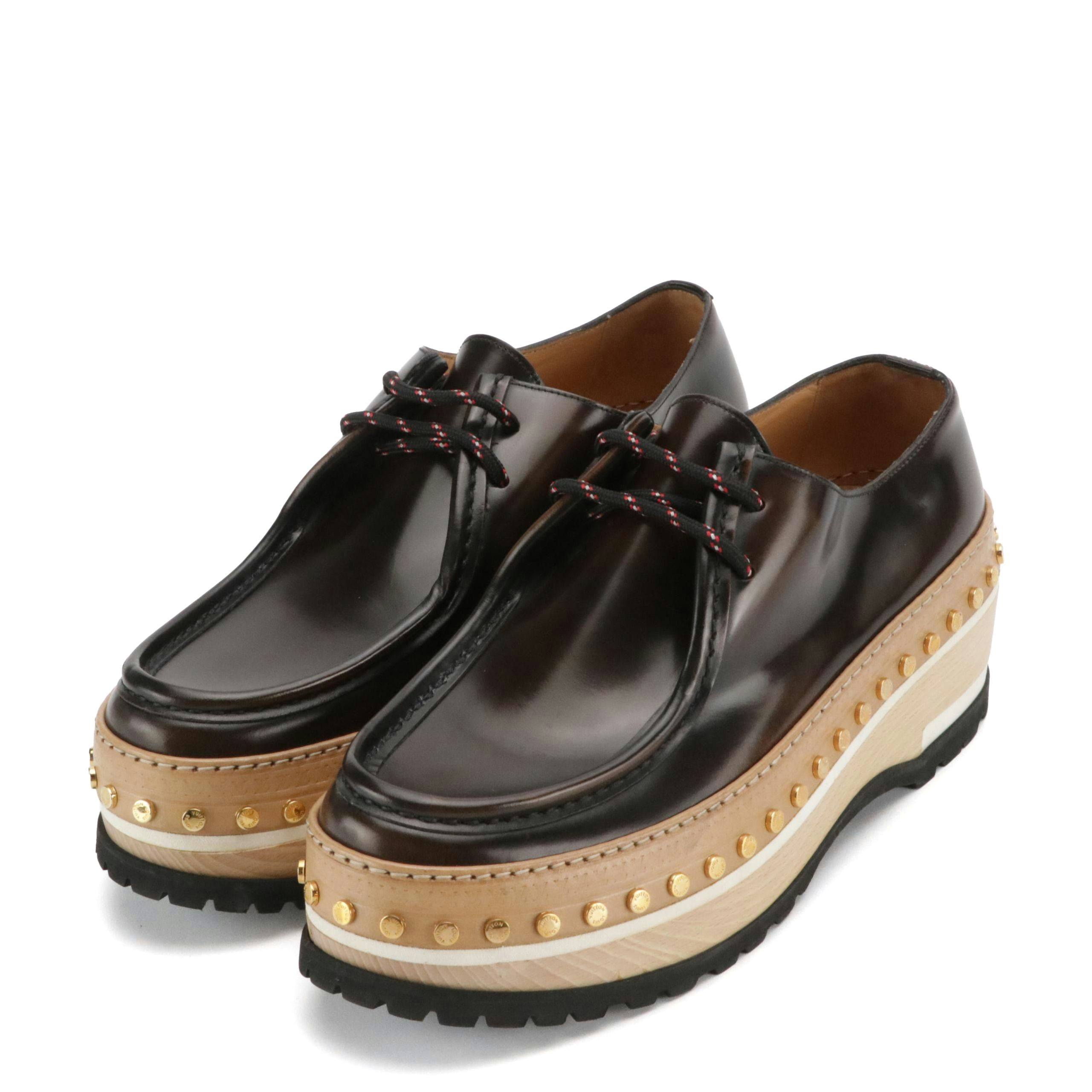 Men's Louis Vuitton Studded Woodcut Platform Derby Loafers in Dark Brown Leather