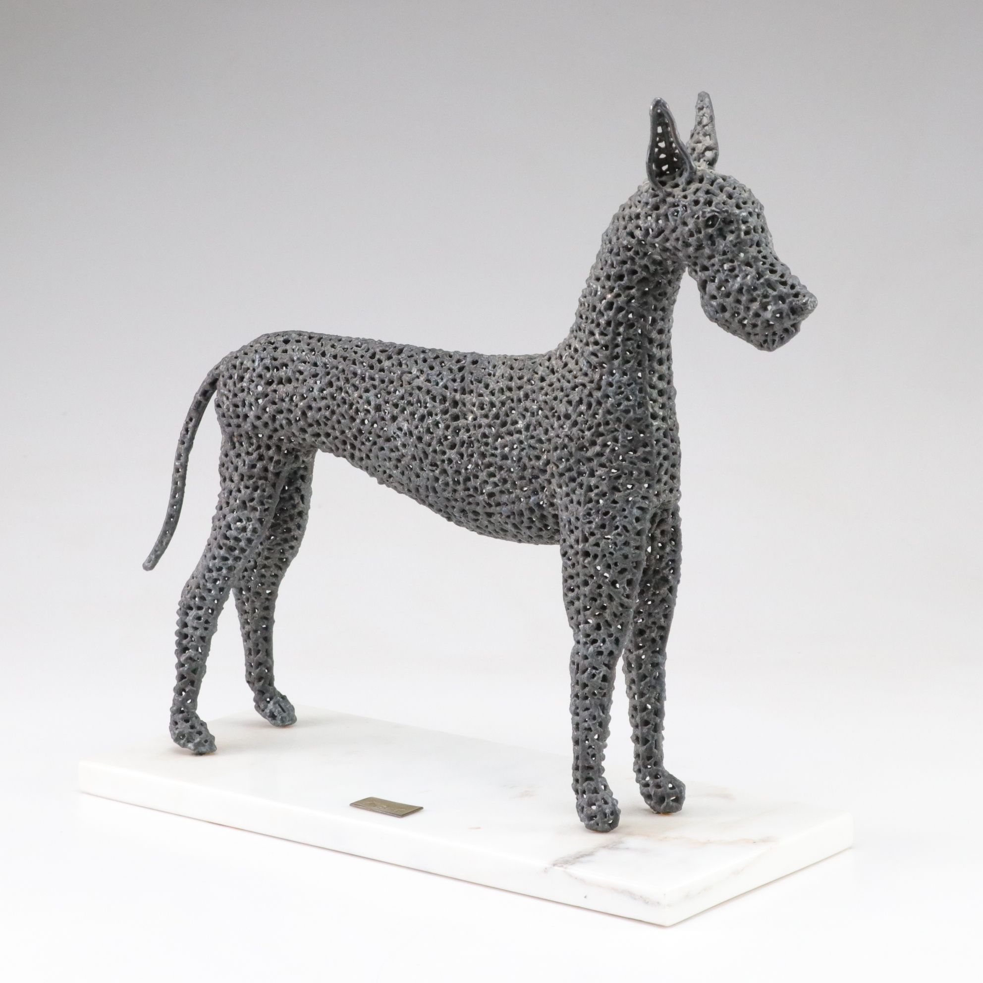 Pierced Metal "Monk" Dog Statuette on Marble Base