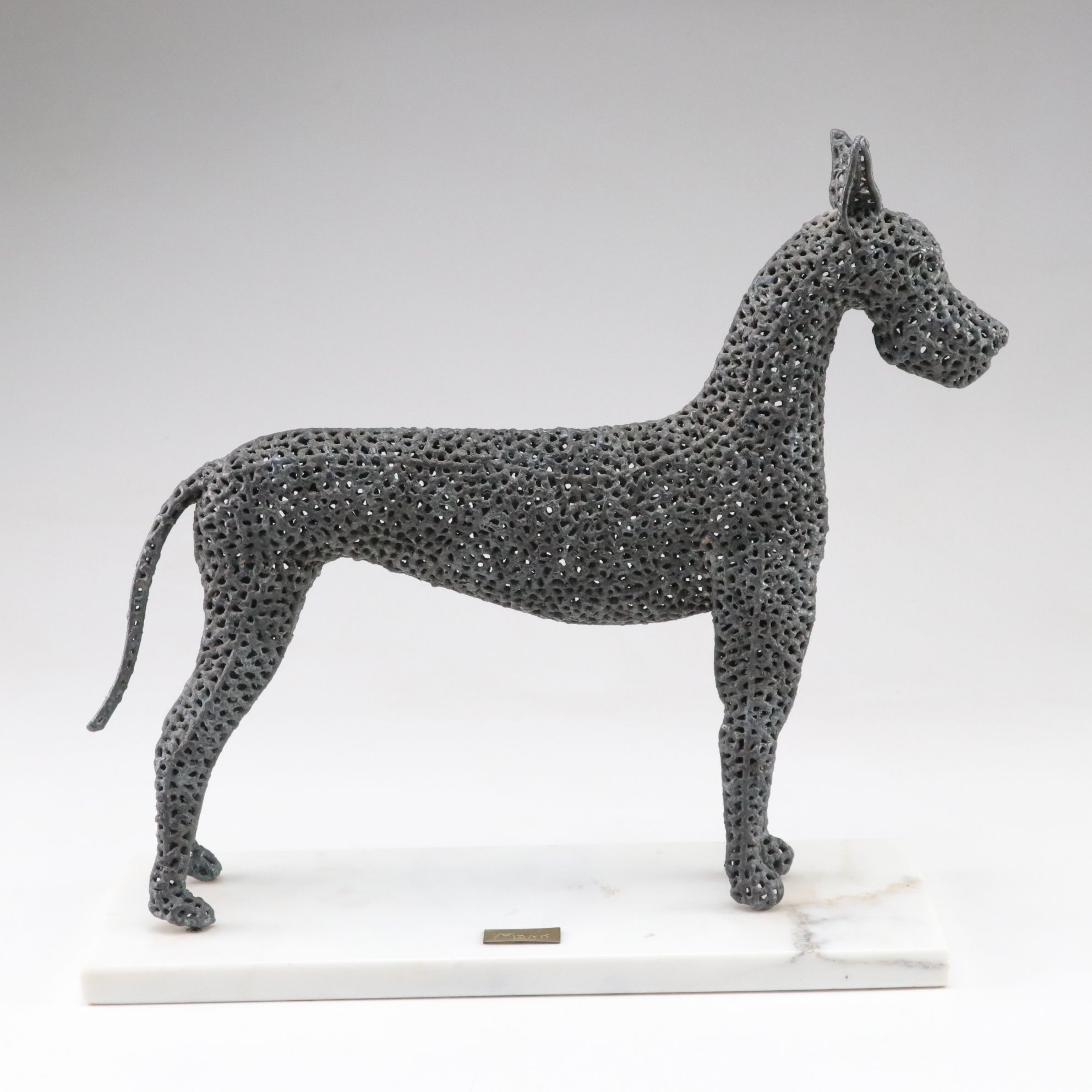 Pierced Metal "Monk" Dog Statuette on Marble Base