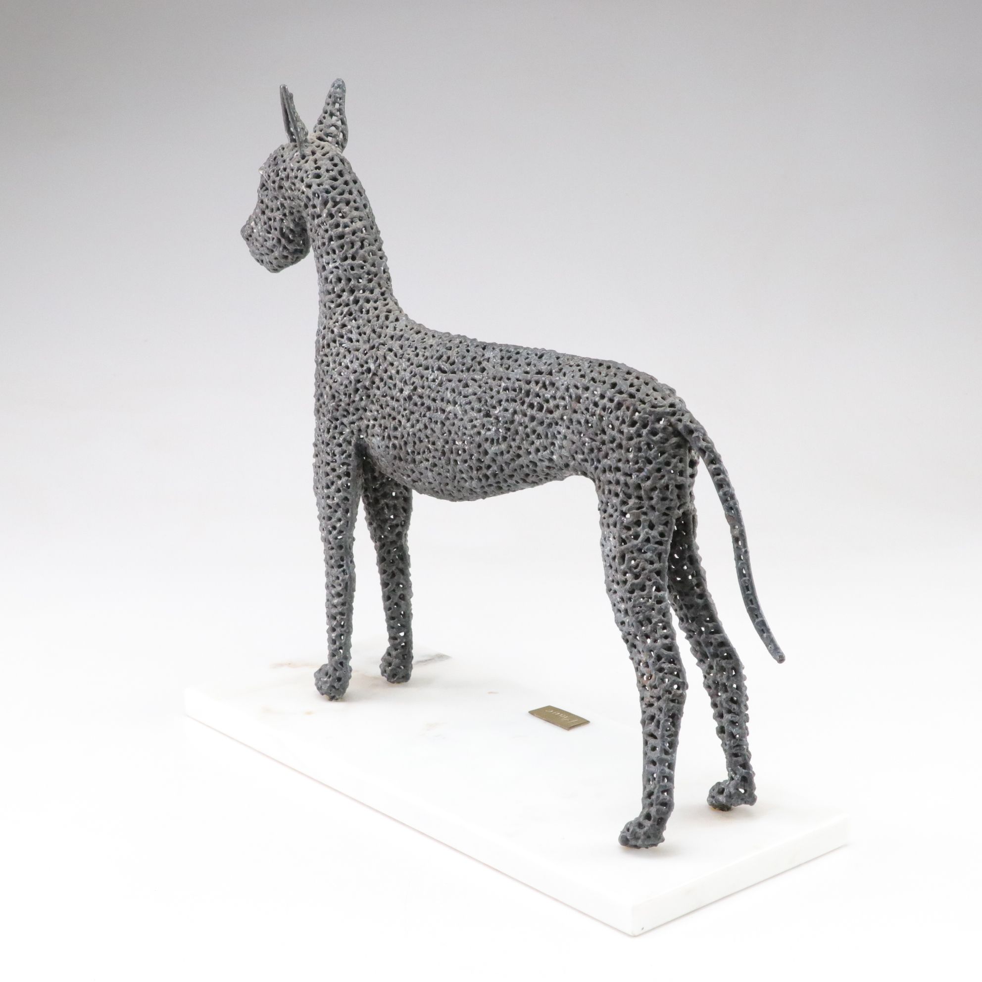 Pierced Metal "Monk" Dog Statuette on Marble Base