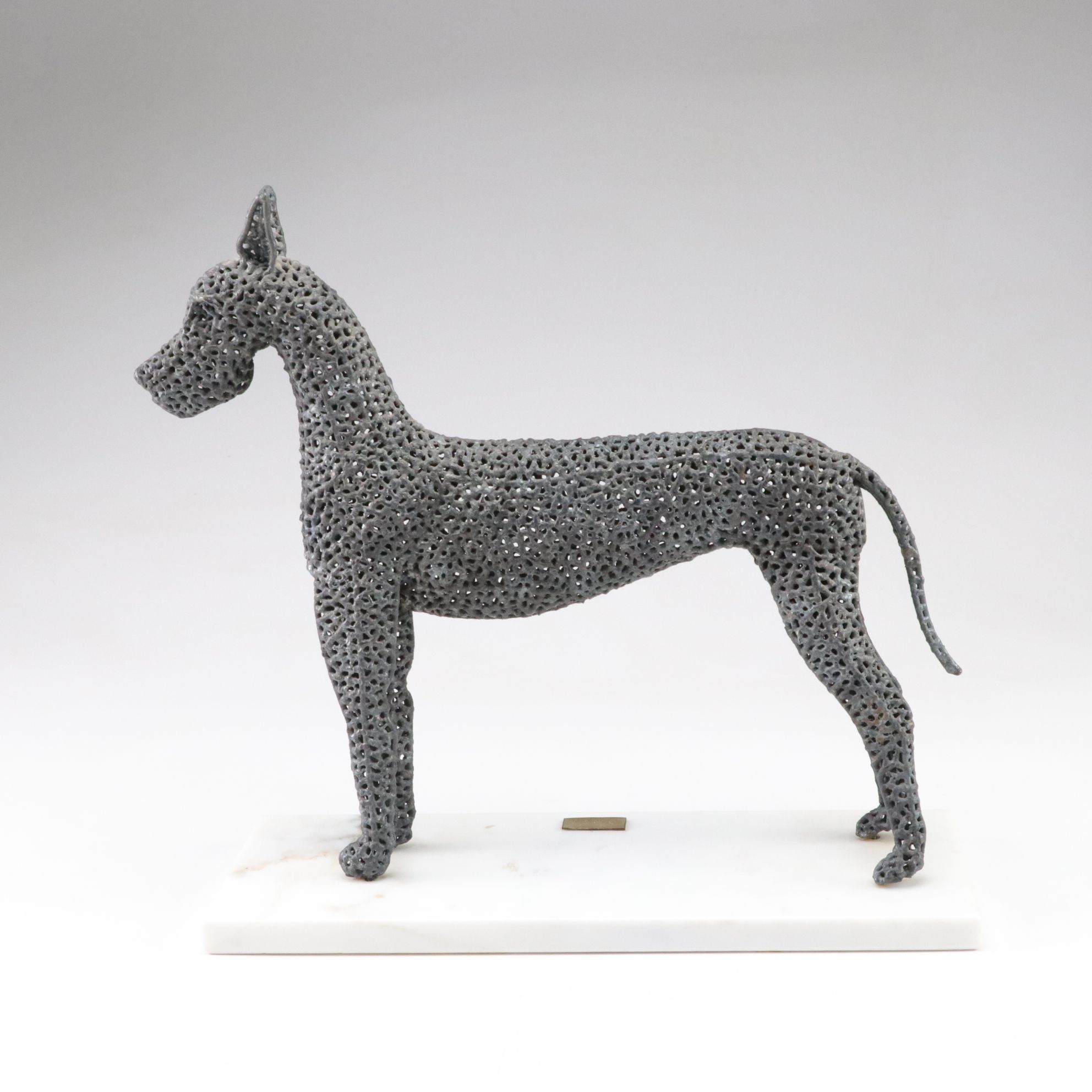 Pierced Metal "Monk" Dog Statuette on Marble Base