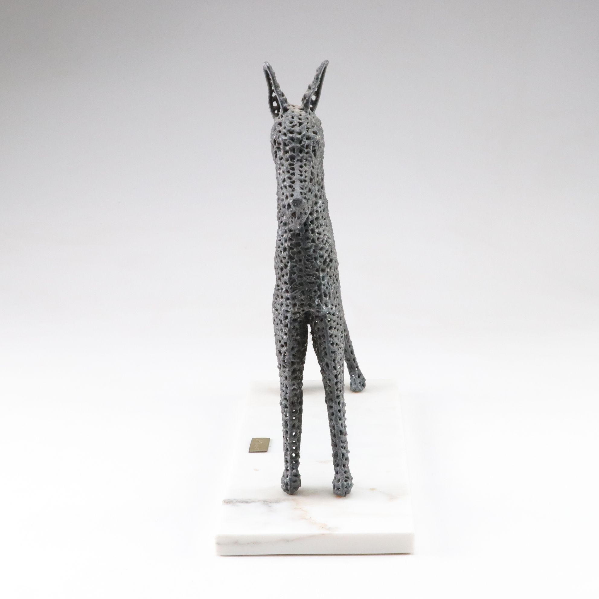 Pierced Metal "Monk" Dog Statuette on Marble Base