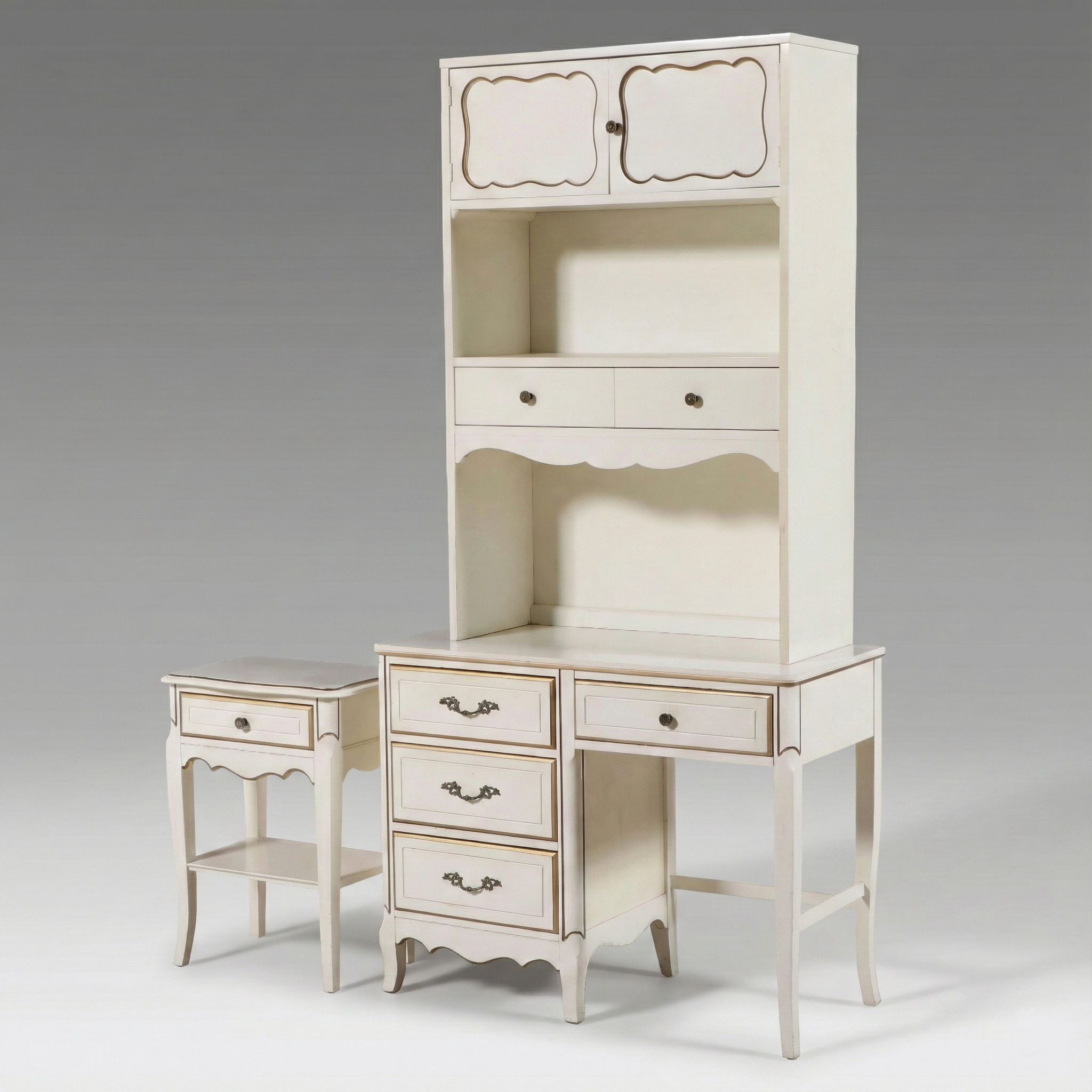 French Provincial Style Paint-Decorated Wood Desk with Hutch and Nightstand