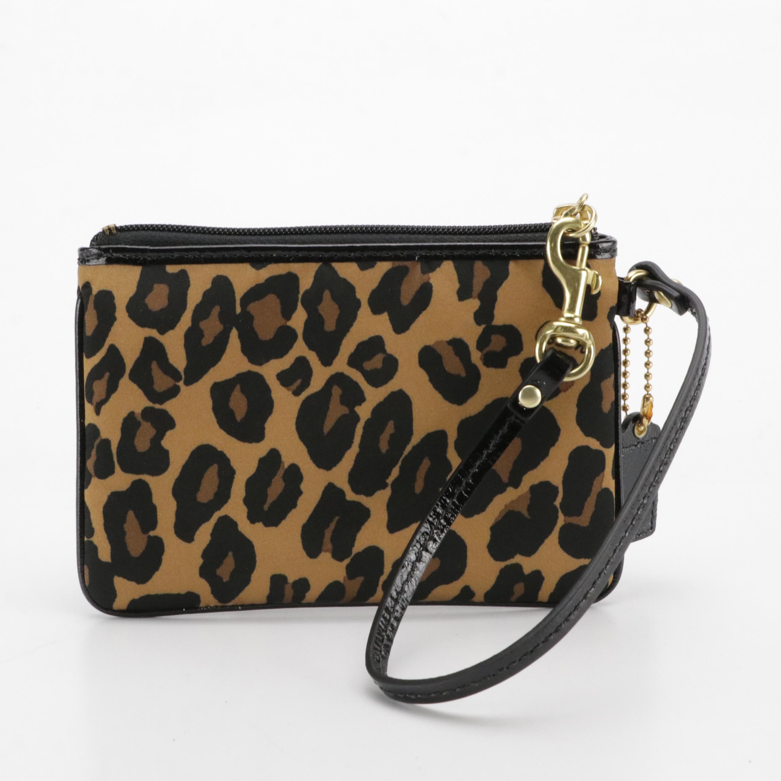 Coach Leopard Print Satin Zip Wristlet with Patent Leather Trim in Box