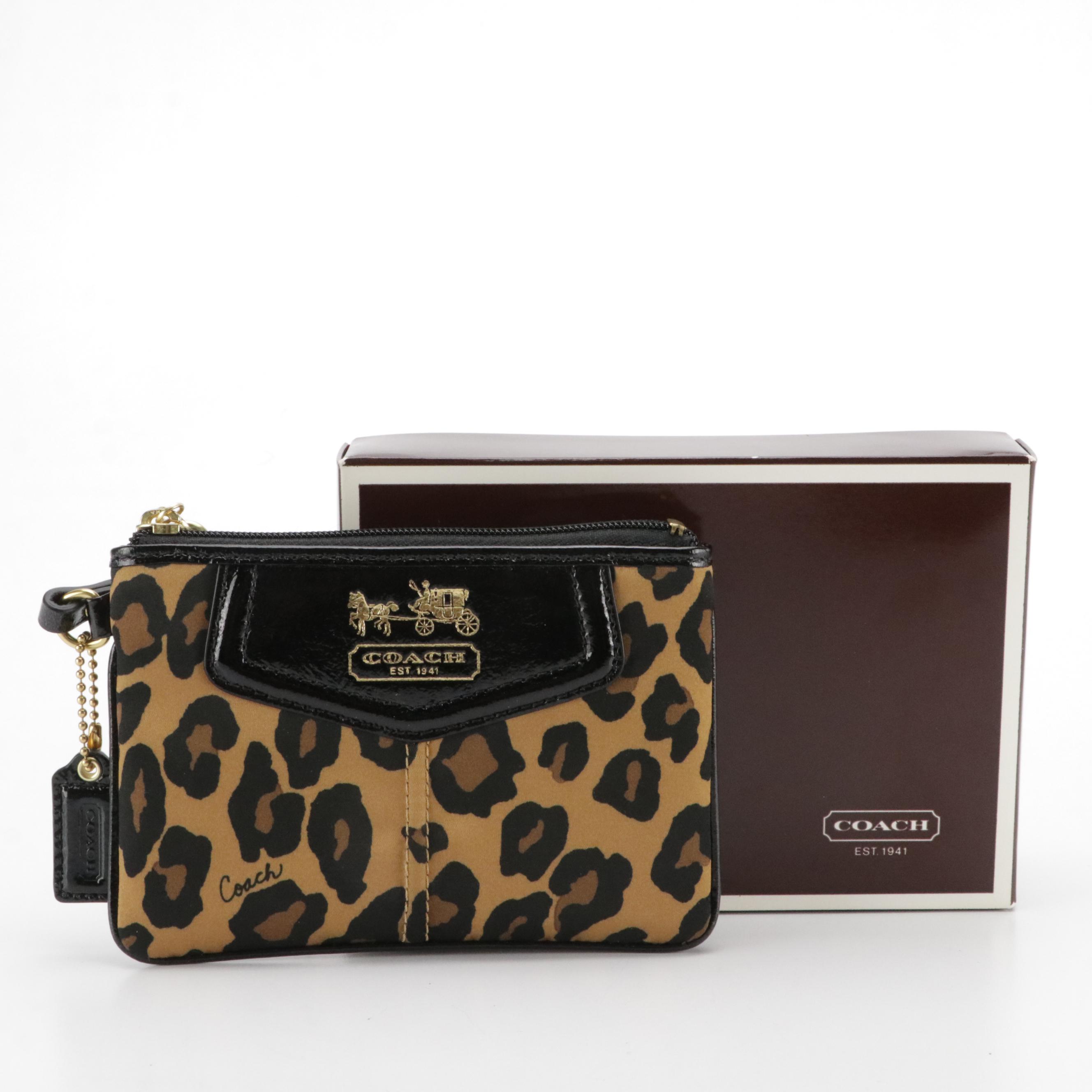Coach Leopard Print Satin Zip Wristlet with Patent Leather Trim in Box