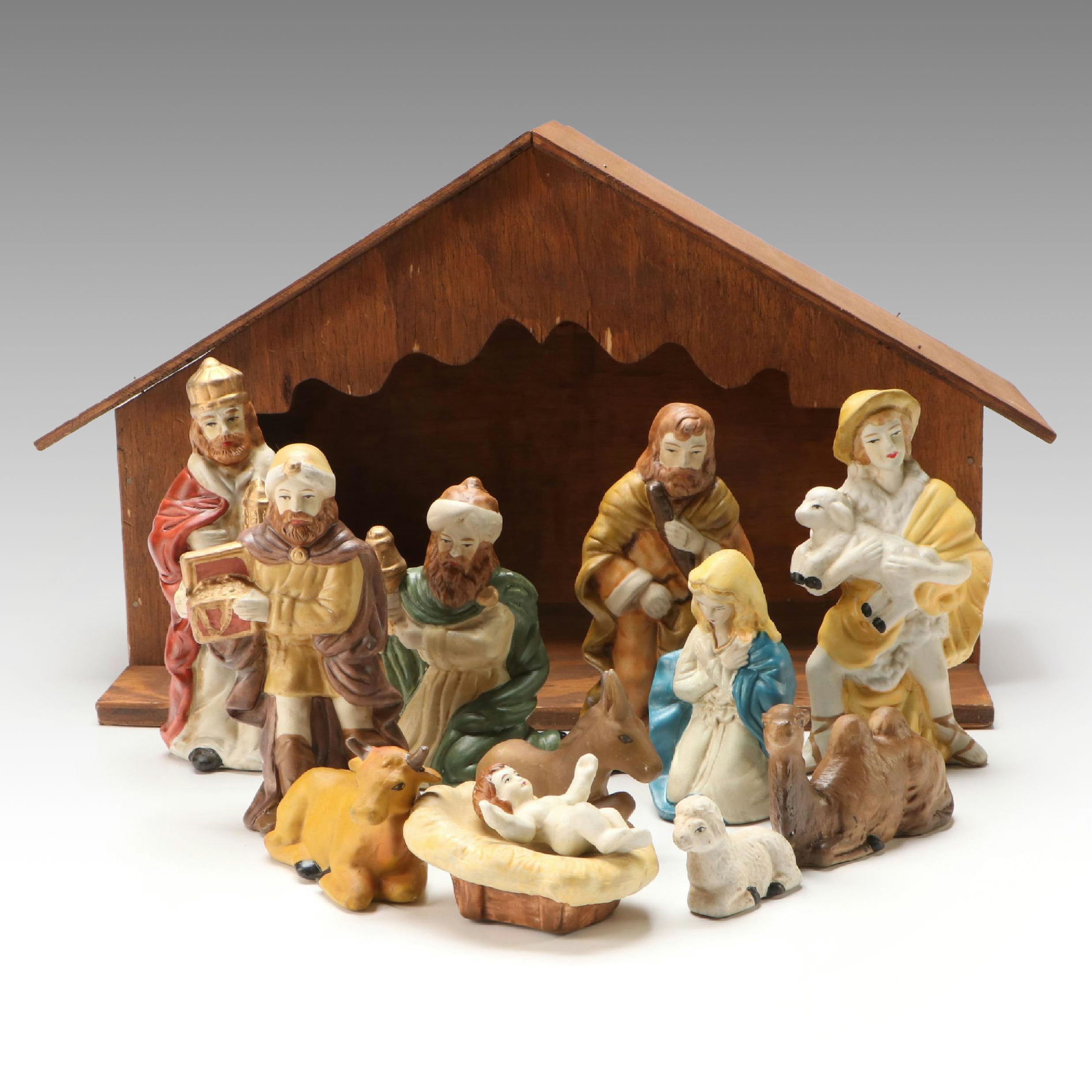 Nativity Scene with Wooden Manger and Ceramic Figures