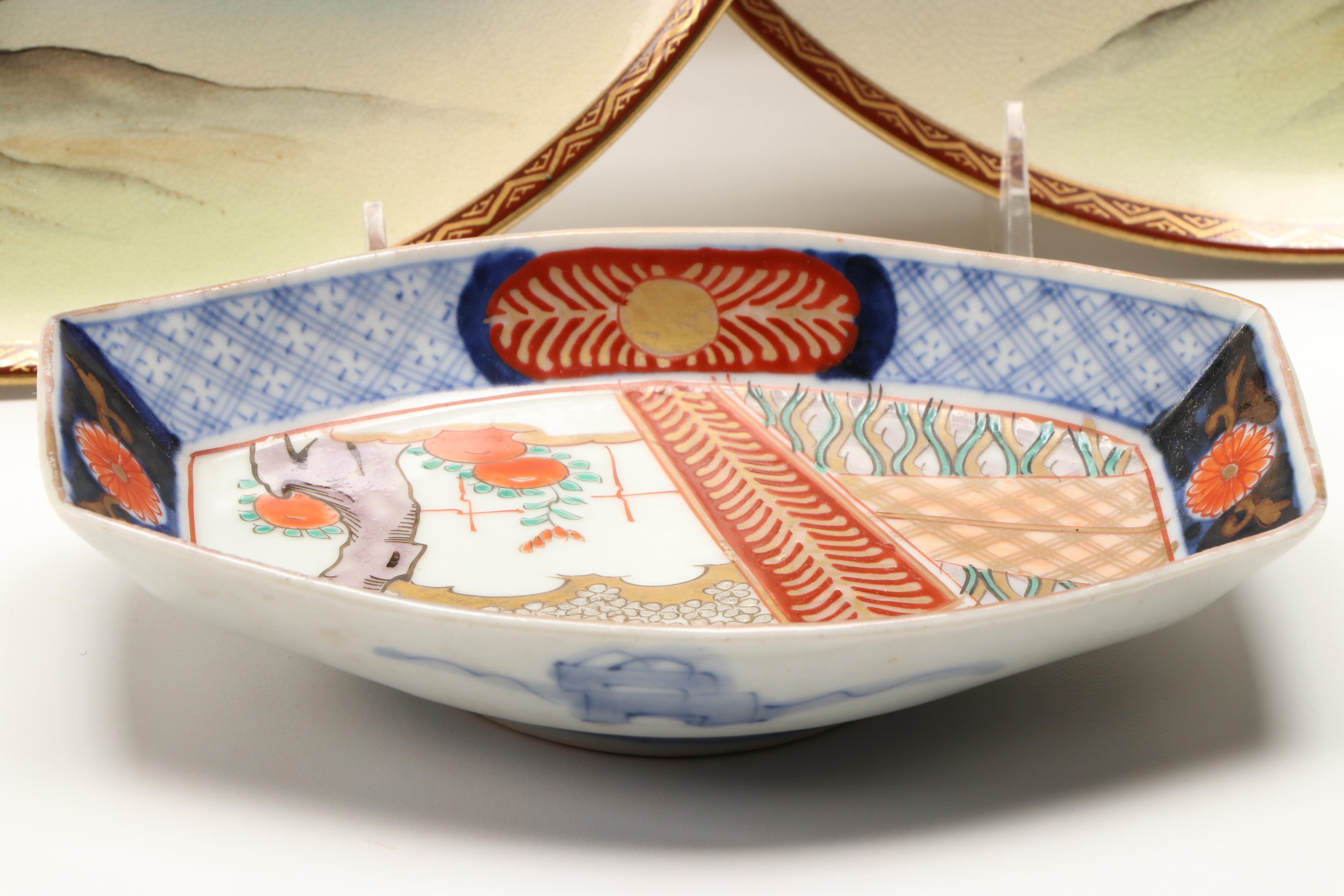 Japanese Satsuma and Kutani Porcelain Plates with Imari Tray, Antique