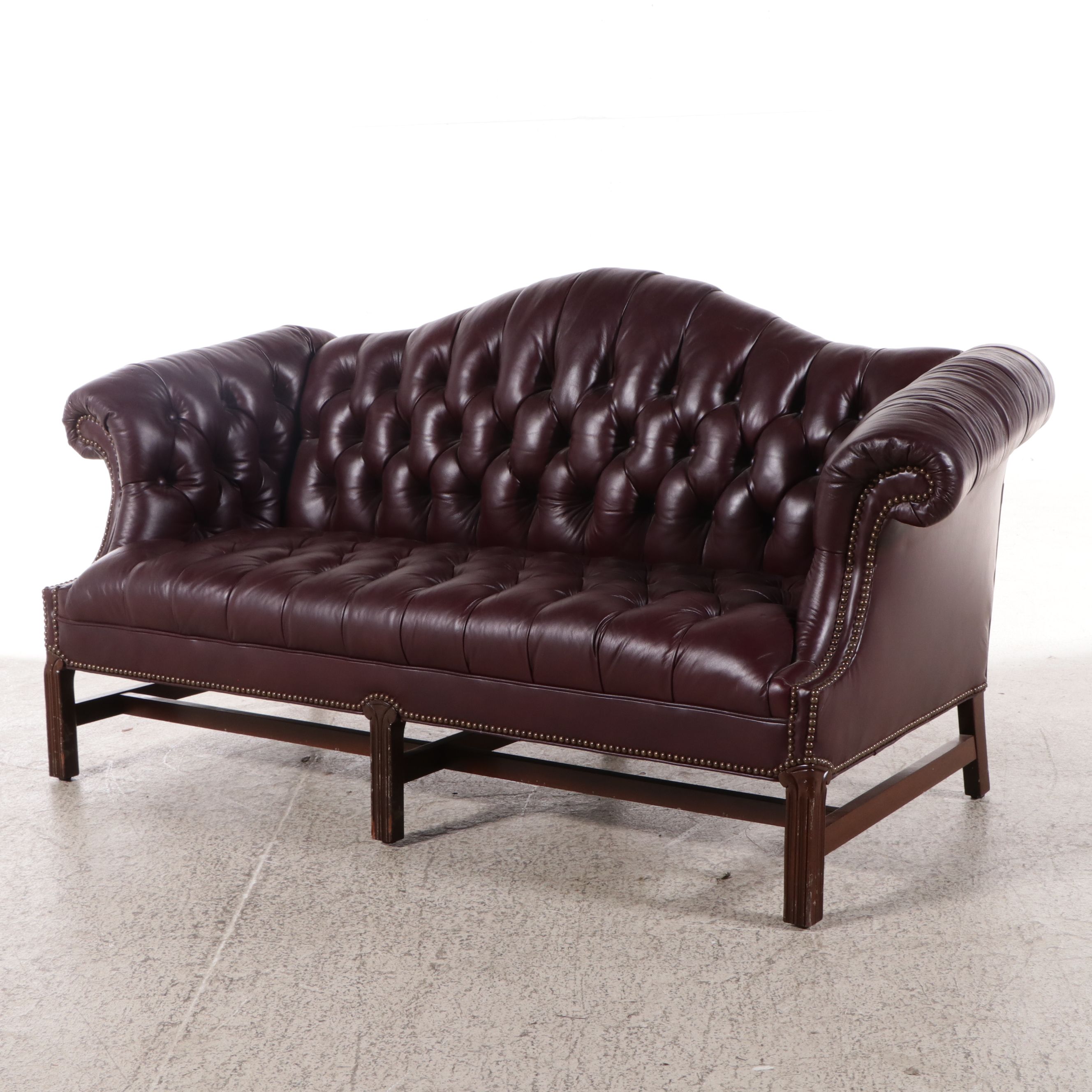 North Hickory Furniture Chippendale Style Tufted Faux Leather Camelback Sofa
