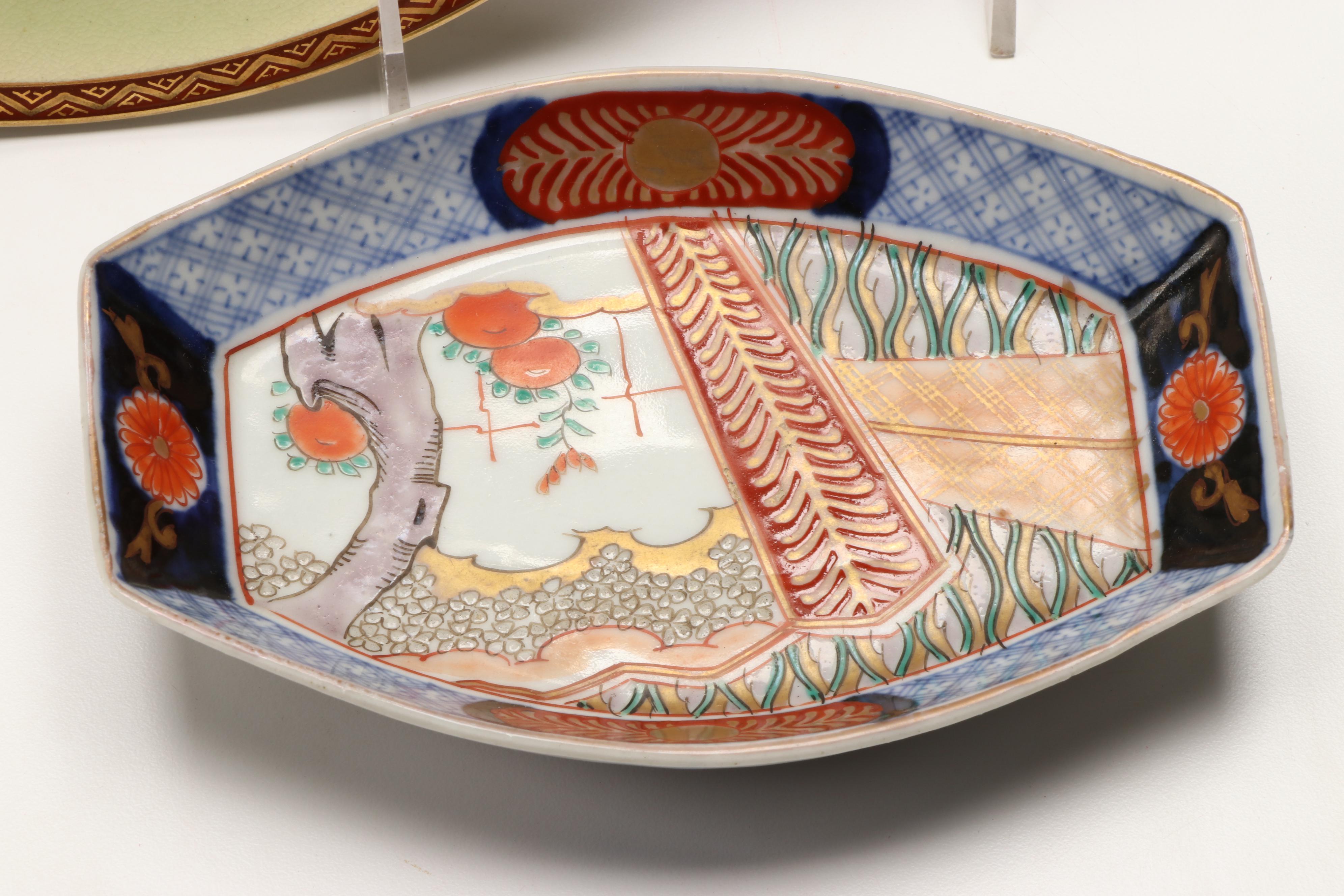 Japanese Satsuma and Kutani Porcelain Plates with Imari Tray, Antique