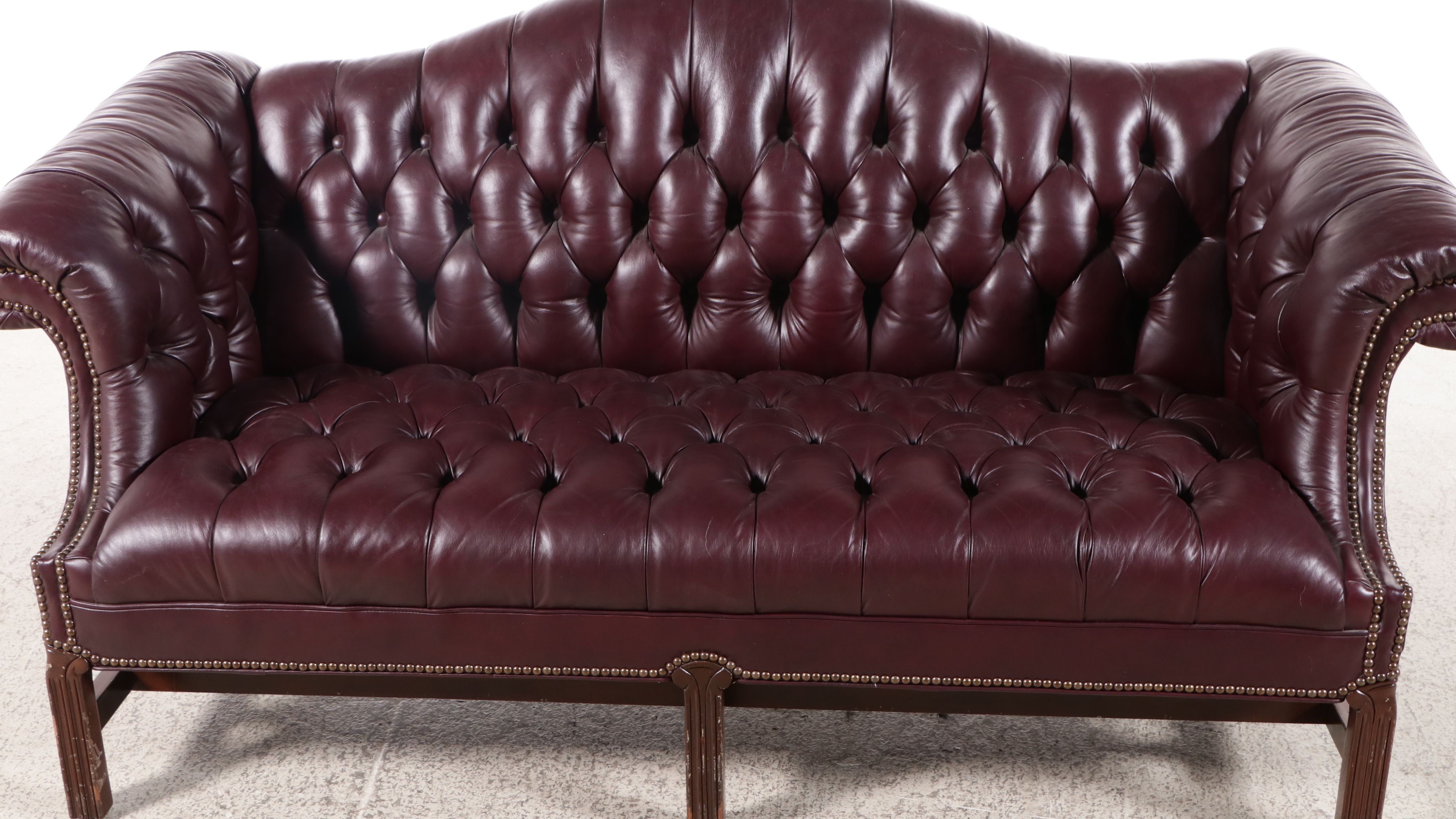 North Hickory Furniture Chippendale Style Tufted Faux Leather Camelback Sofa