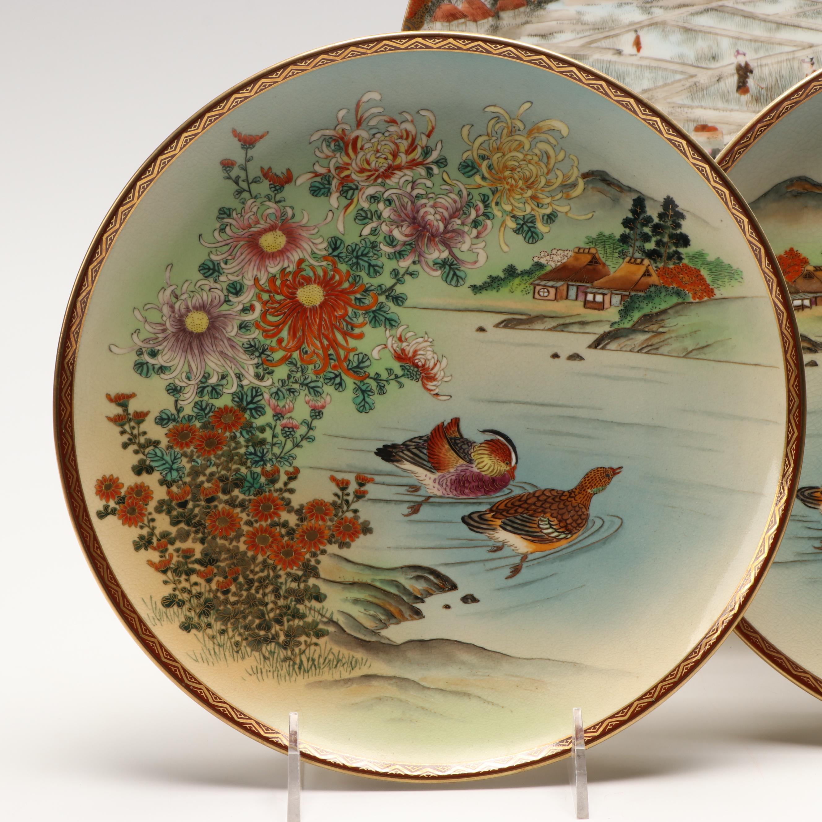 Japanese Satsuma and Kutani Porcelain Plates with Imari Tray, Antique