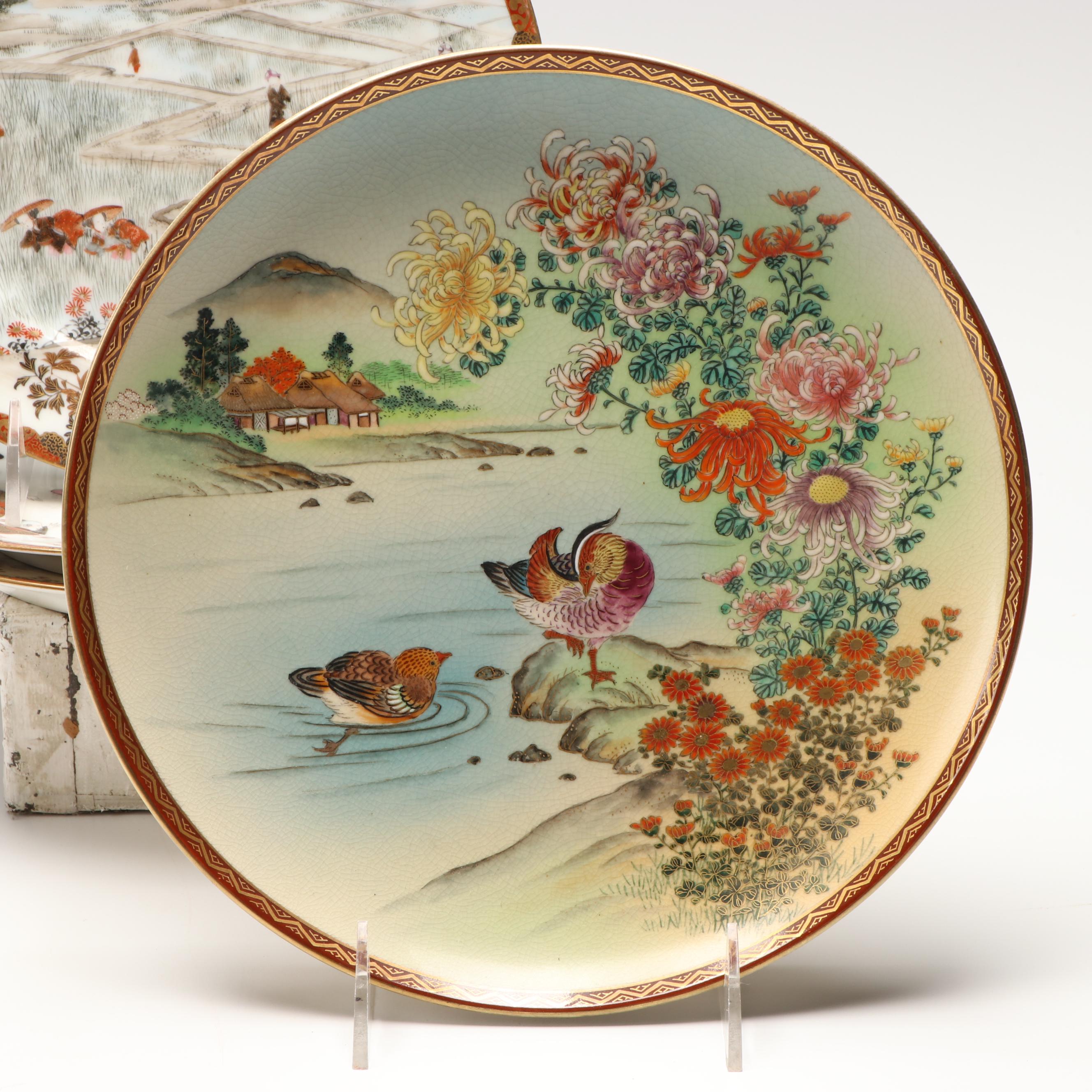Japanese Satsuma and Kutani Porcelain Plates with Imari Tray, Antique