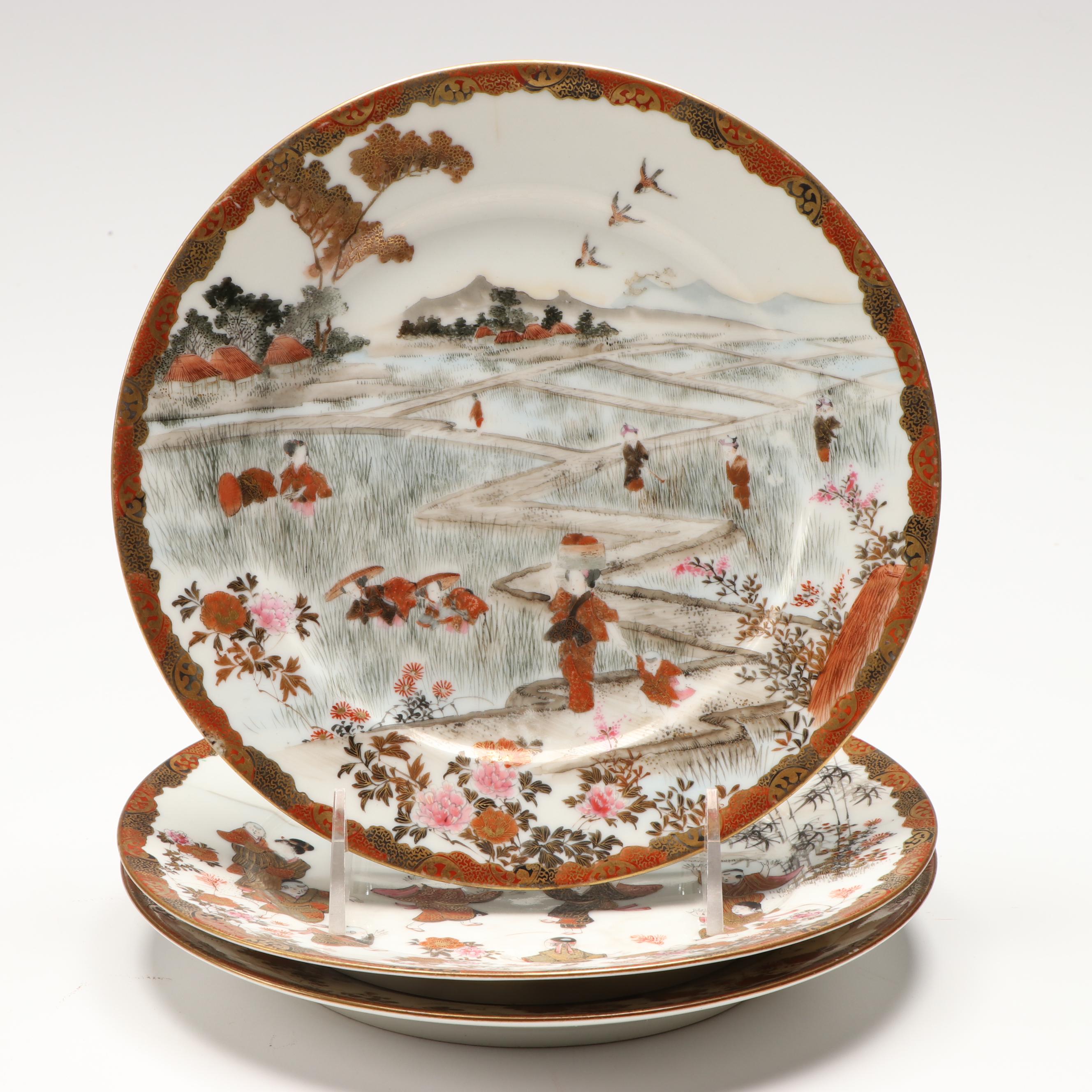 Japanese Satsuma and Kutani Porcelain Plates with Imari Tray, Antique