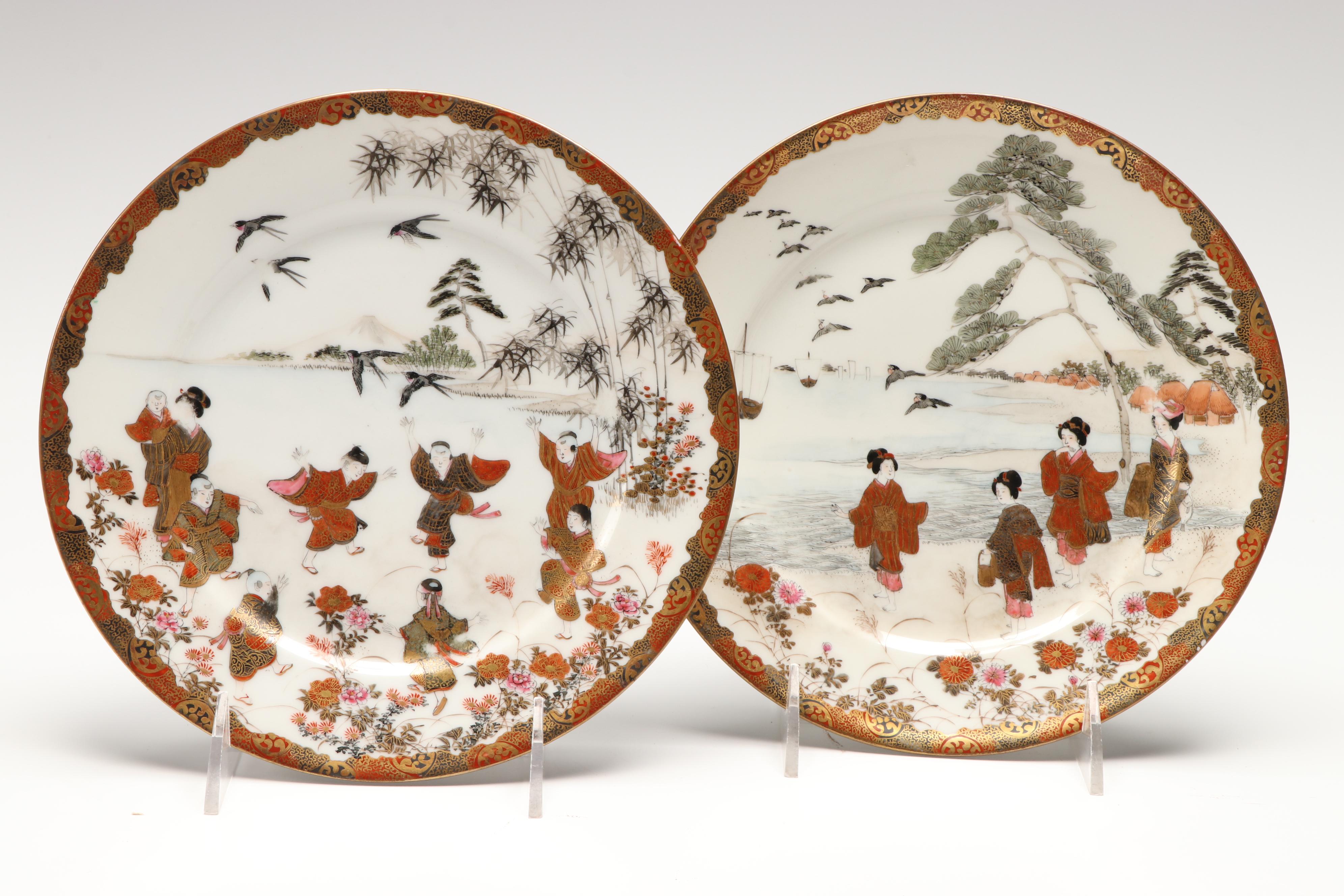 Japanese Satsuma and Kutani Porcelain Plates with Imari Tray, Antique