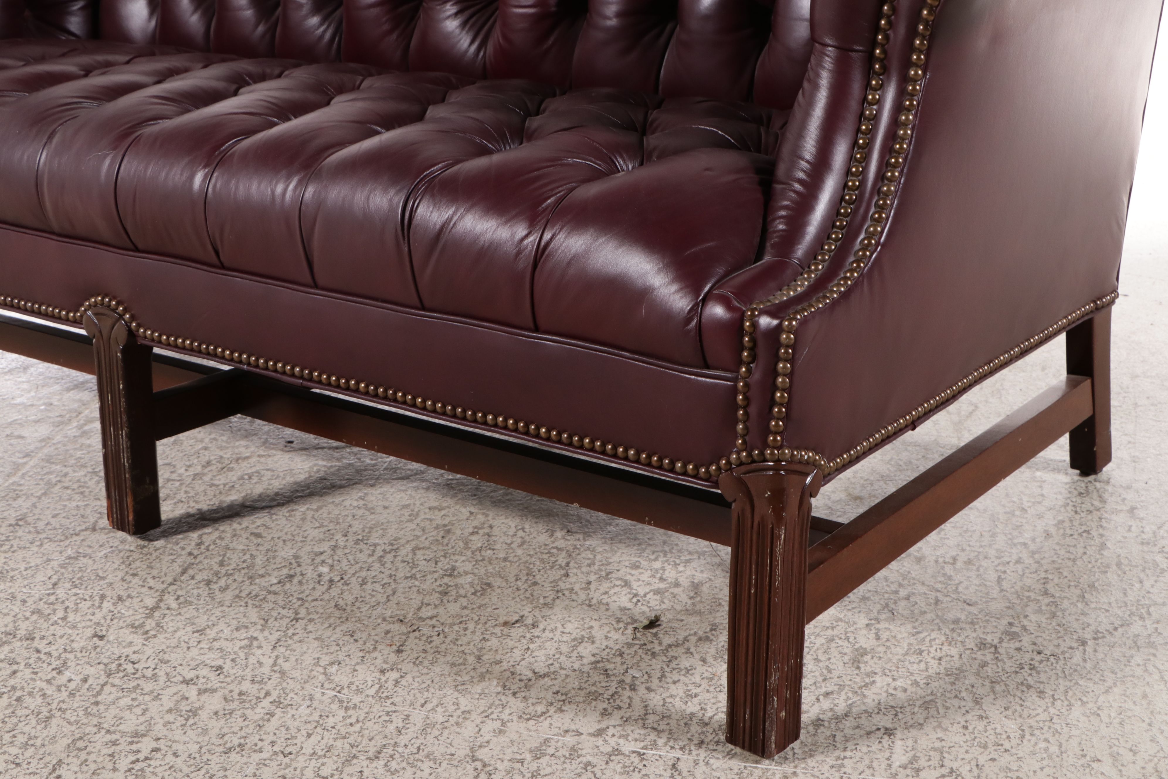 North Hickory Furniture Chippendale Style Tufted Faux Leather Camelback Sofa